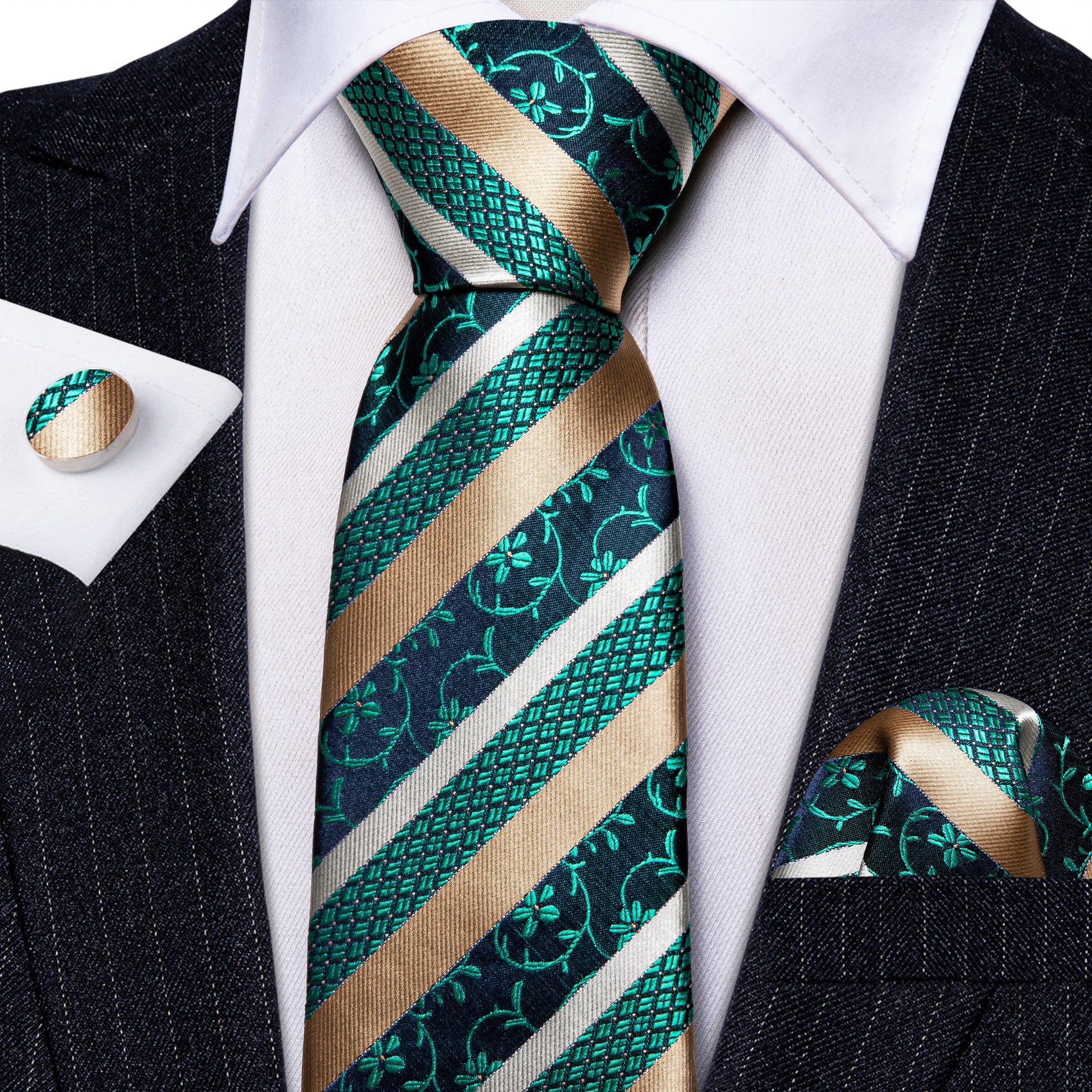Green Peru Champagne Striped Silk Tie Pocket Square Cufflinks Set