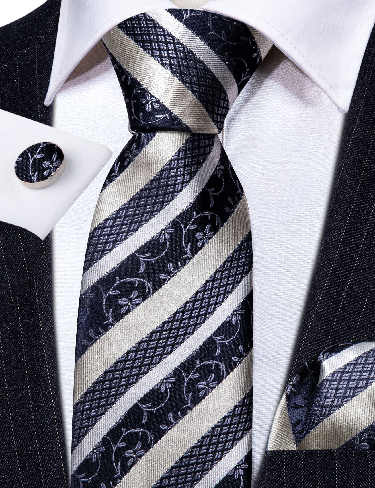 Formal Blue White Striped Silk Tie Handkerchief Cufflinks Set