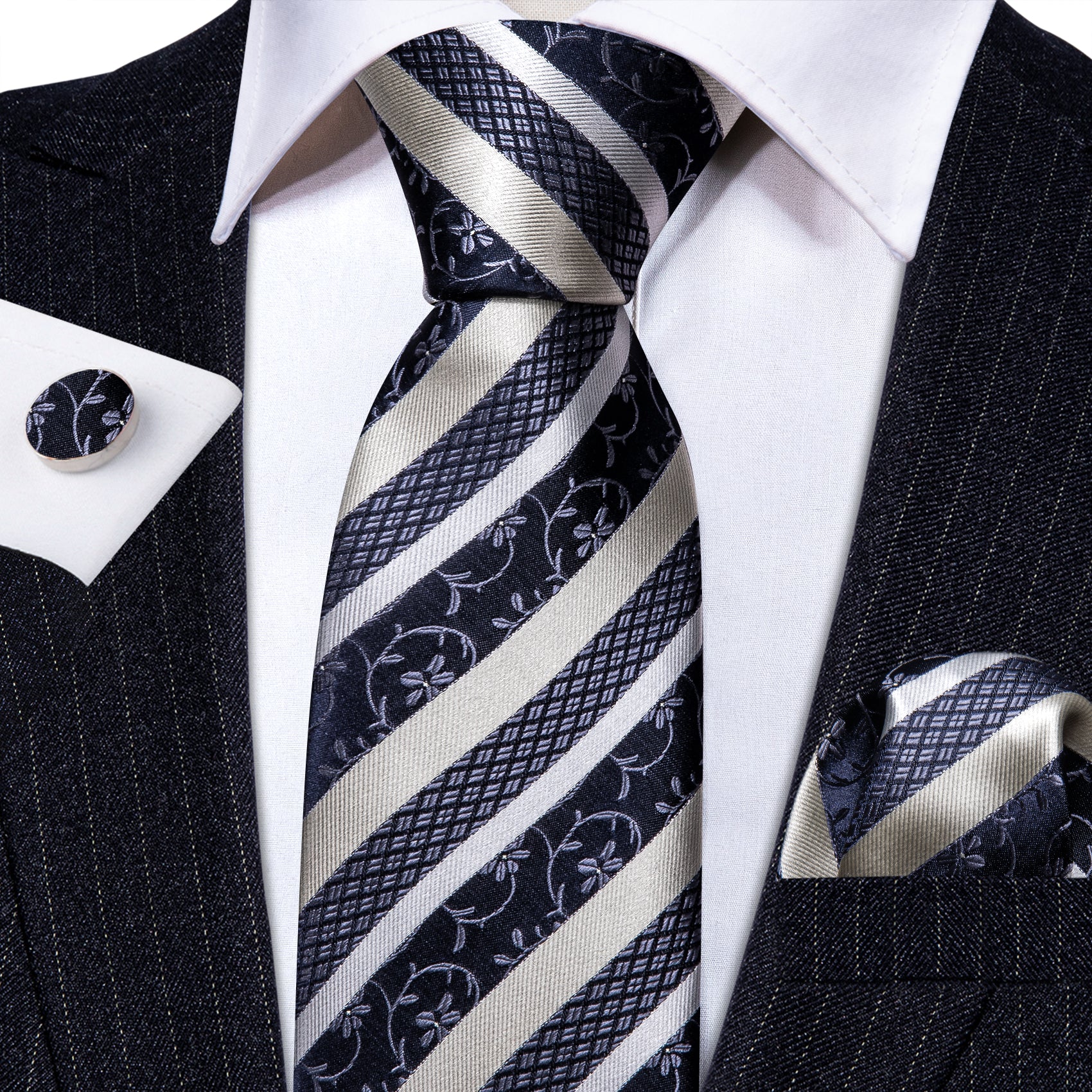 Formal Blue White Striped Silk Tie Handkerchief Cufflinks Set