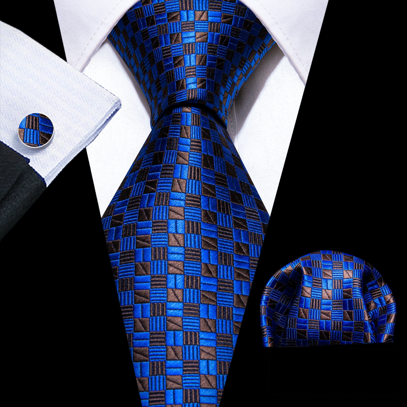 Blue Brown Plaid Silk Tie Handkerchief Cufflinks Set