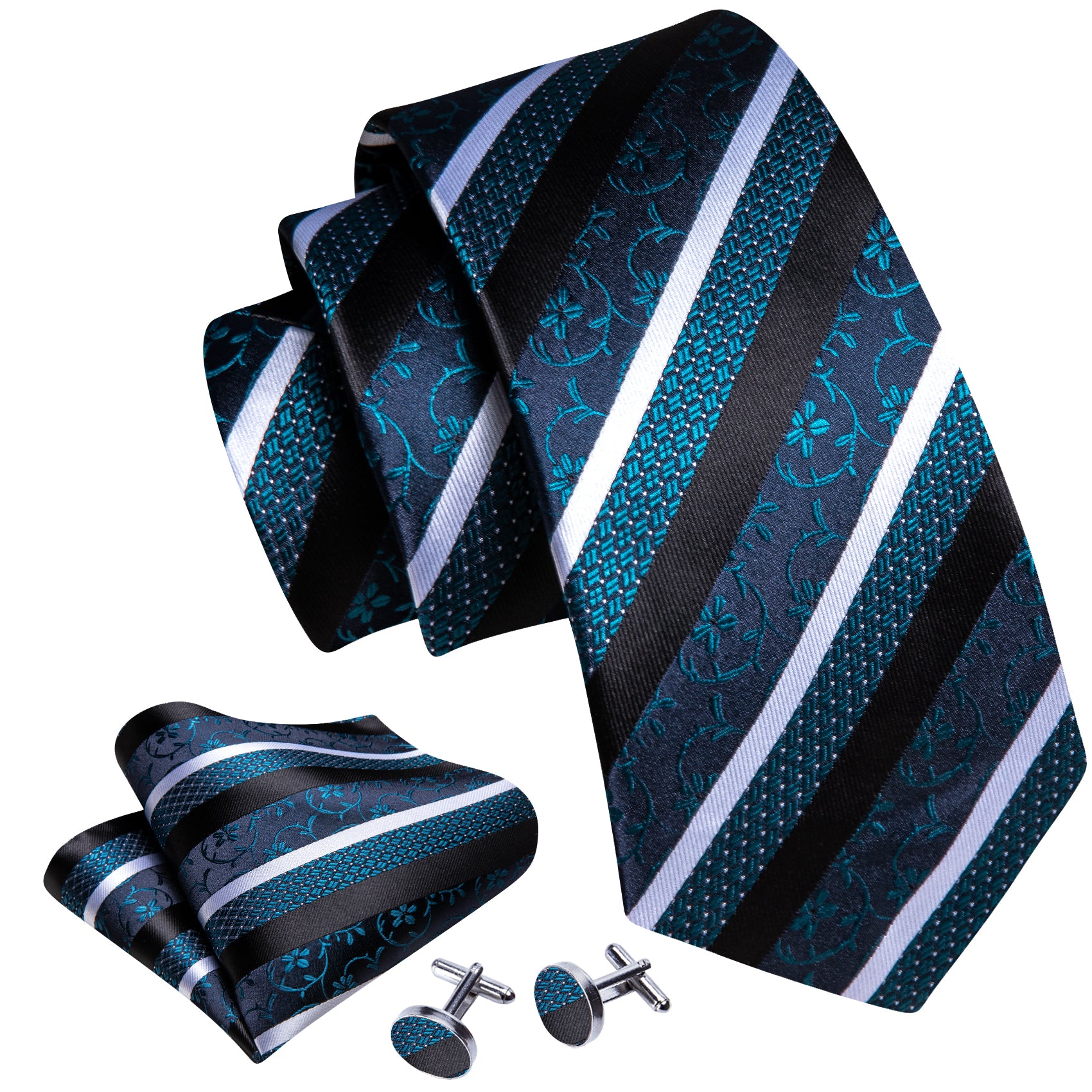 Blue White Floral Striped Silk Tie Handkerchief Cufflinks Set