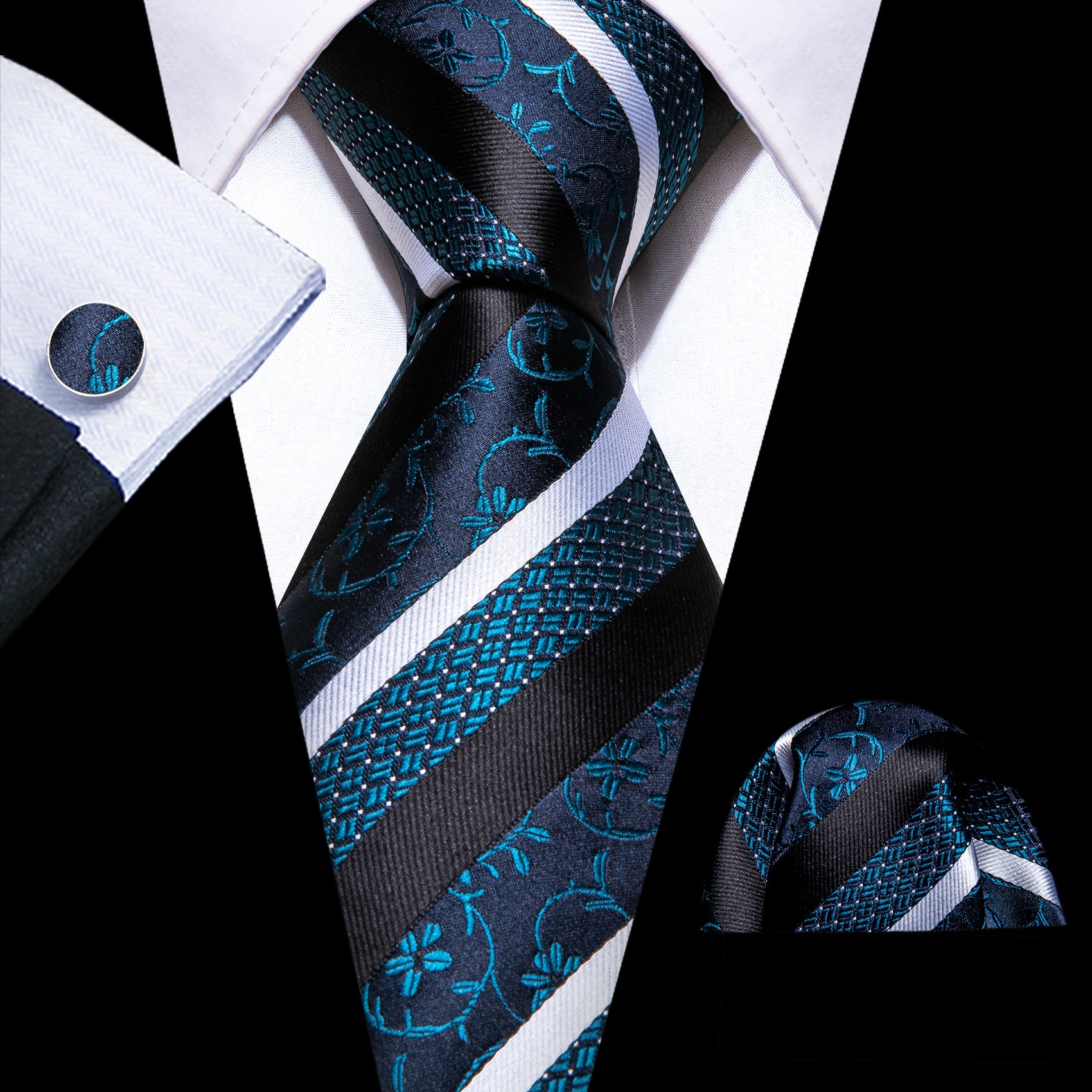 Blue White Floral Striped Silk Tie Handkerchief Cufflinks Set