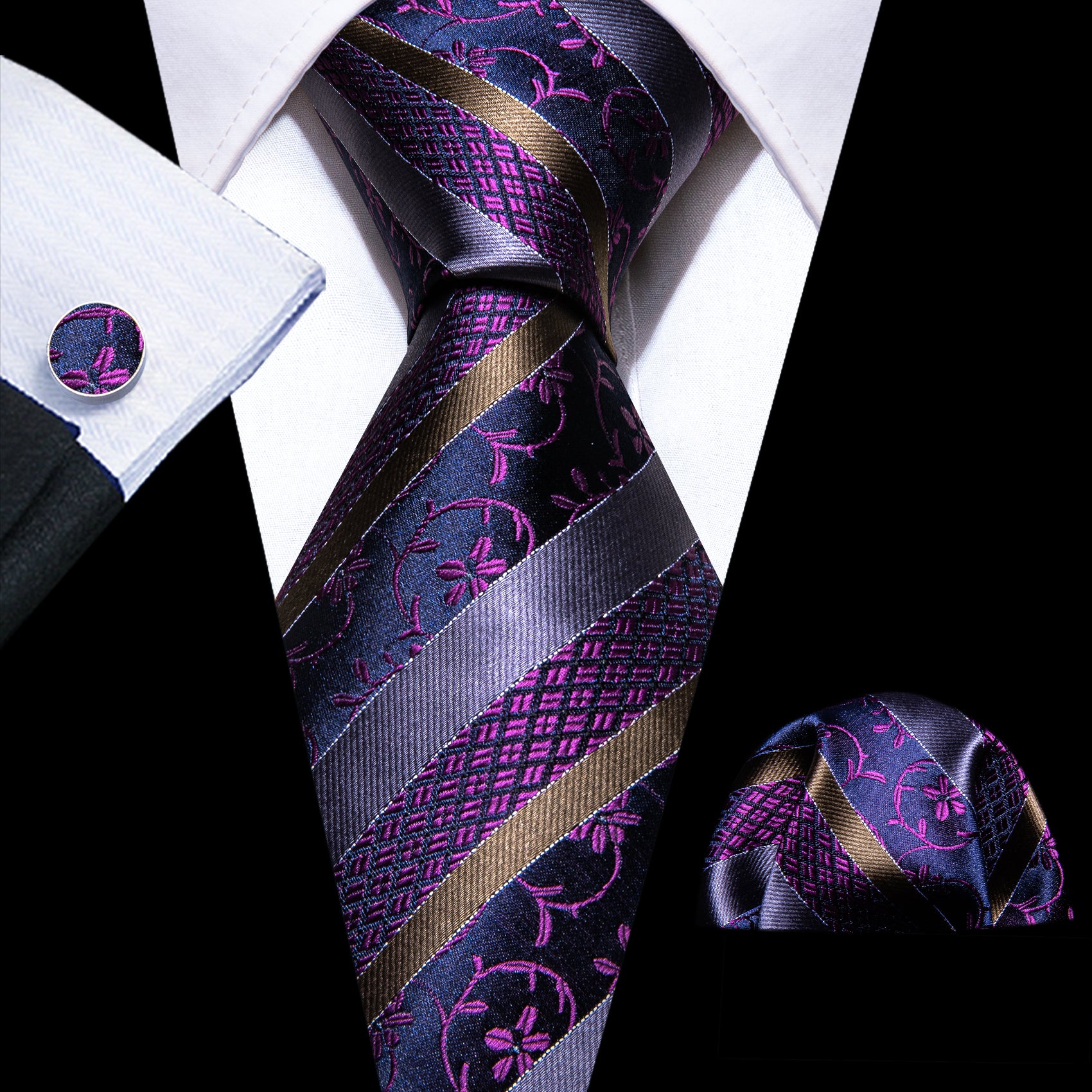 Novetly Purple Floral Striped Silk Tie Handkerchief Cufflinks Set