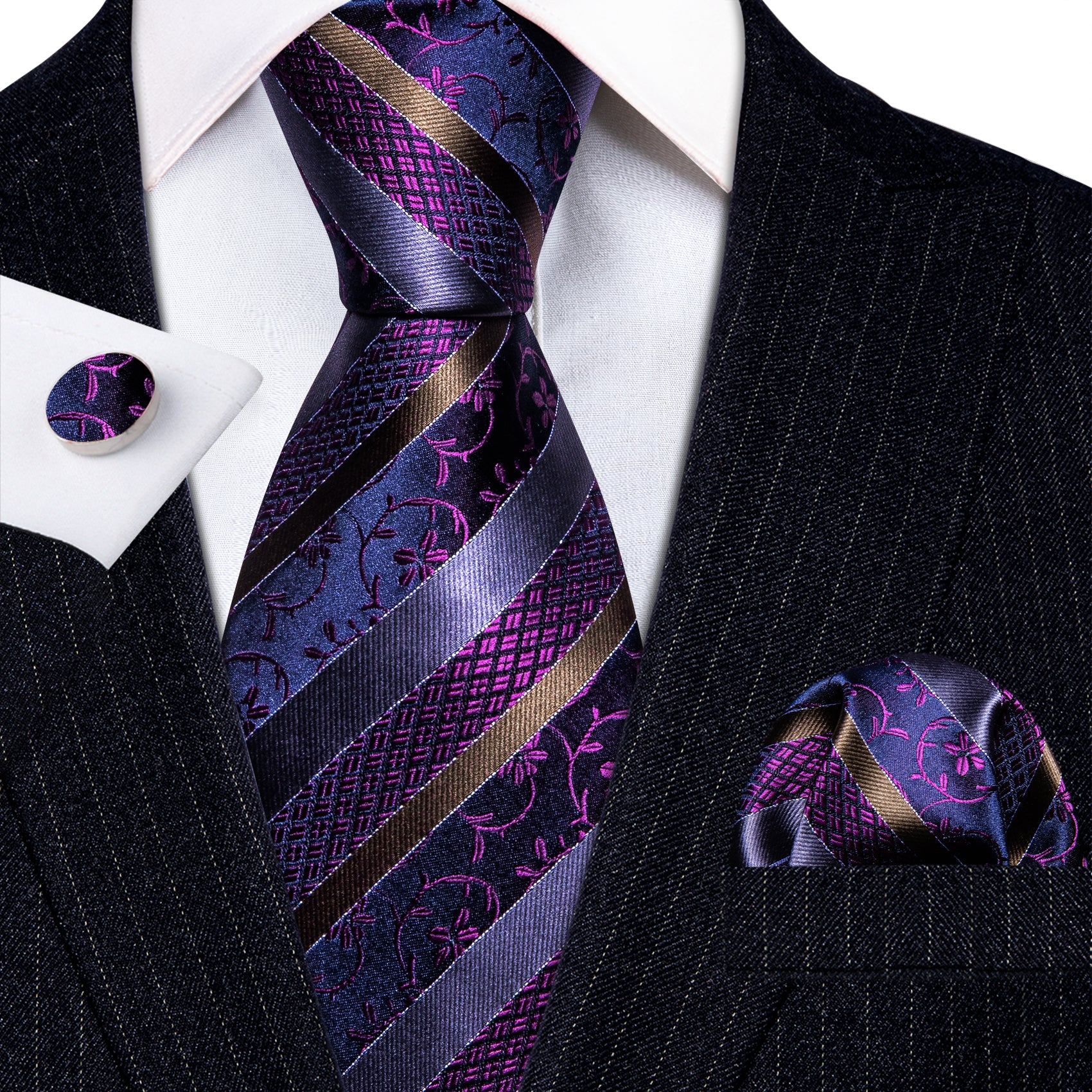 Novetly Purple Floral Striped Silk Tie Handkerchief Cufflinks Set