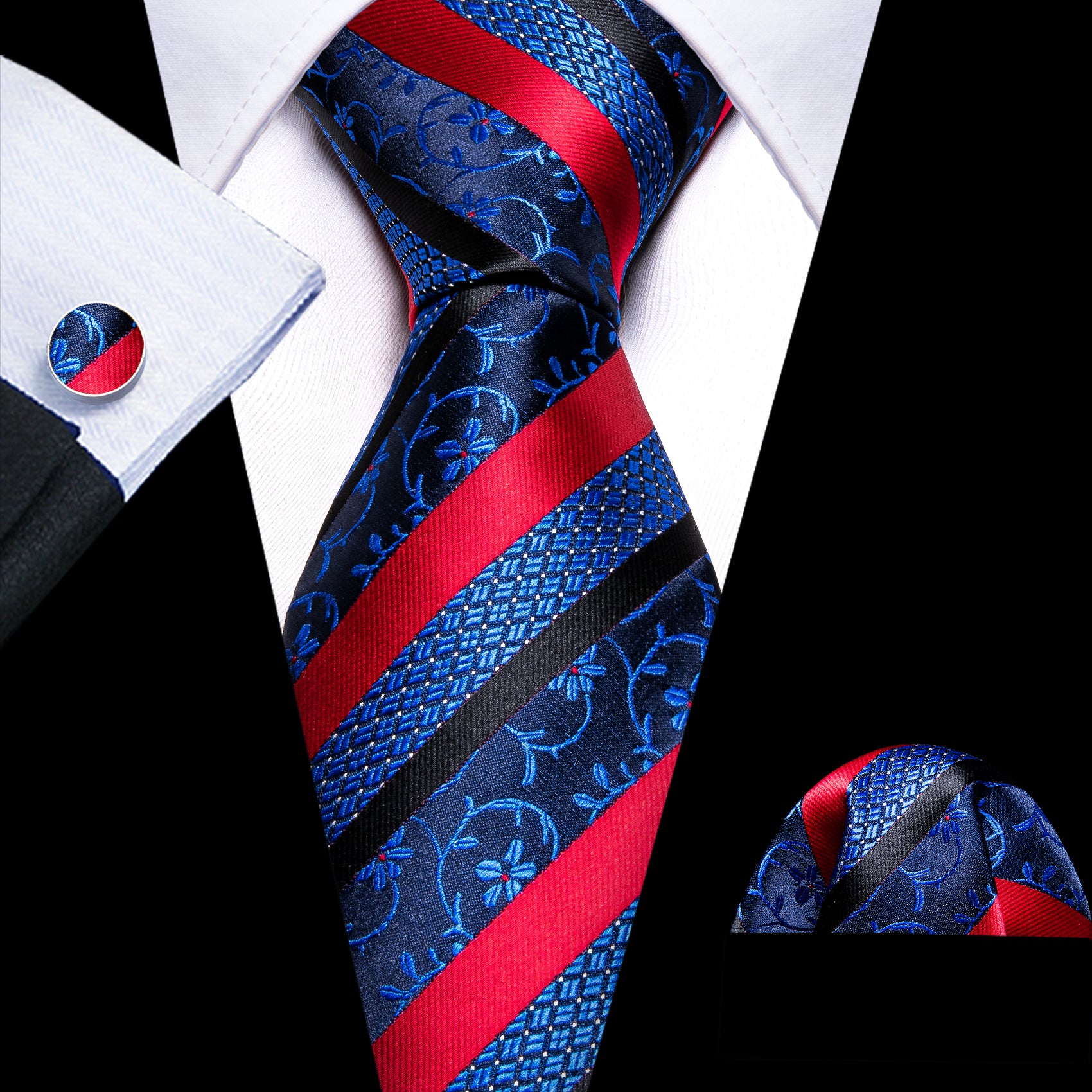 Blue Red Striped Floral Silk Tie Pocket Square Cufflinks Set
