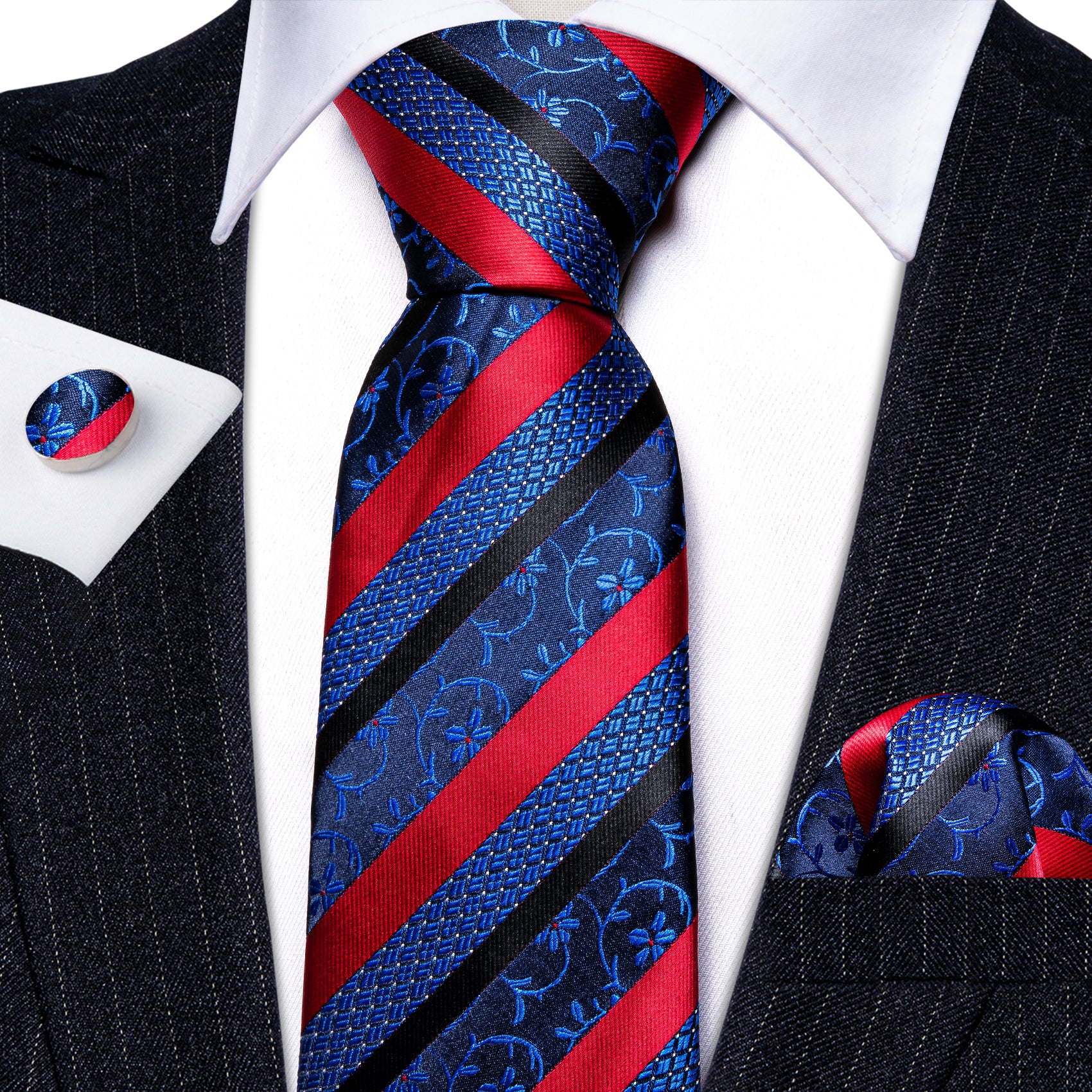 Blue Red Striped Floral Silk Tie Pocket Square Cufflinks Set