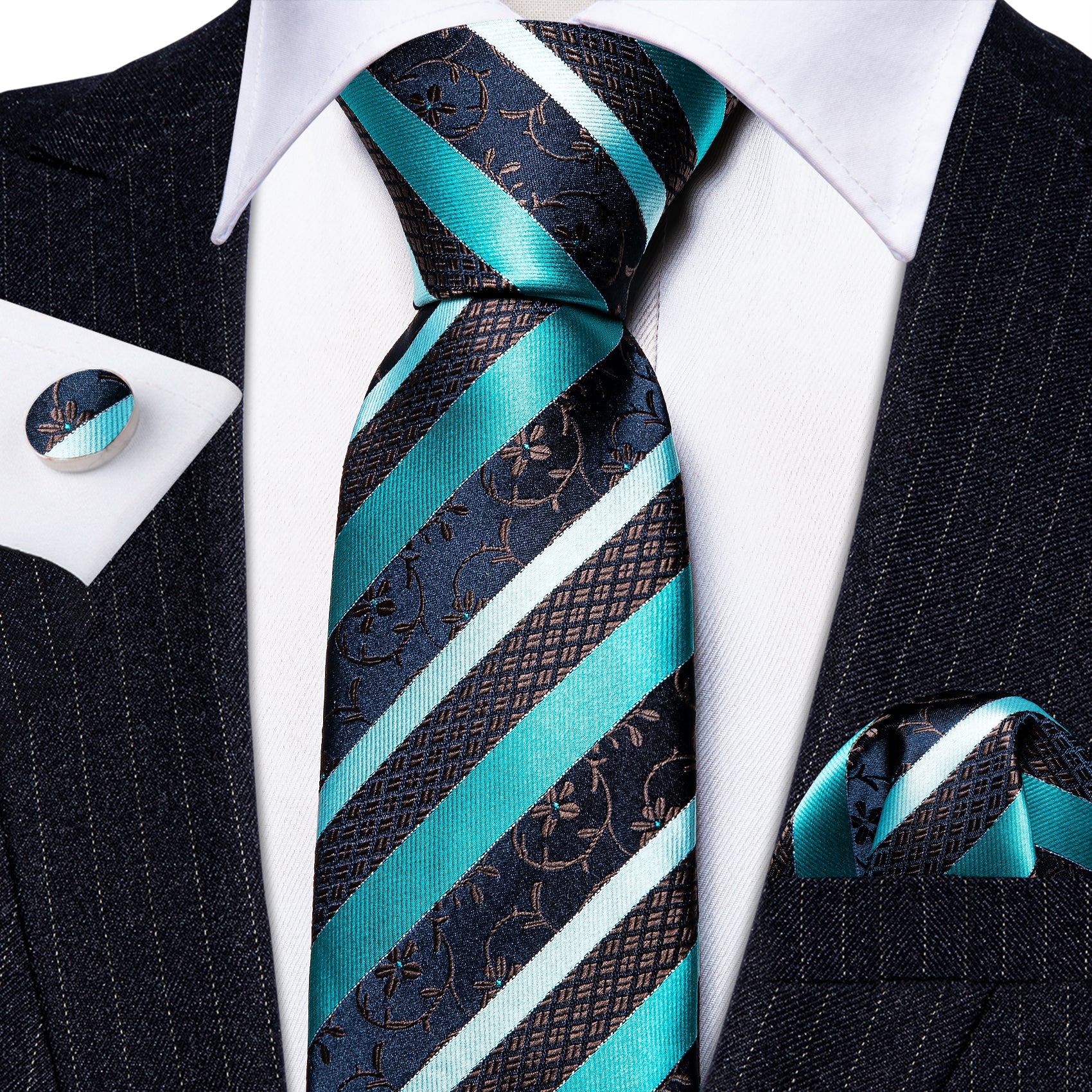 Aqua Blue Black Striped Floral Silk Tie Pocket Square Cufflinks Set
