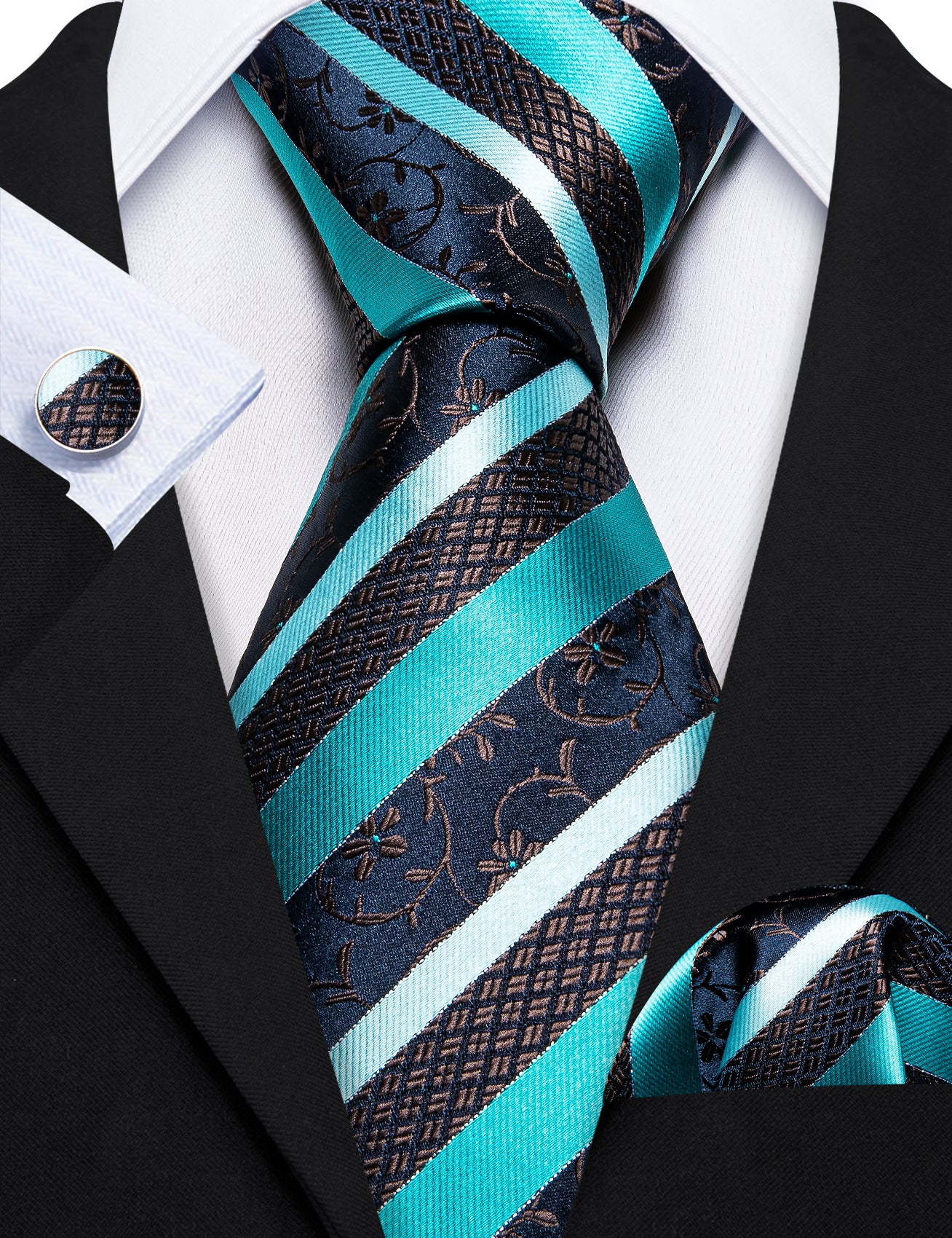 Aqua Black Striped Floral Silk Tie Pocket Square Cufflinks Set