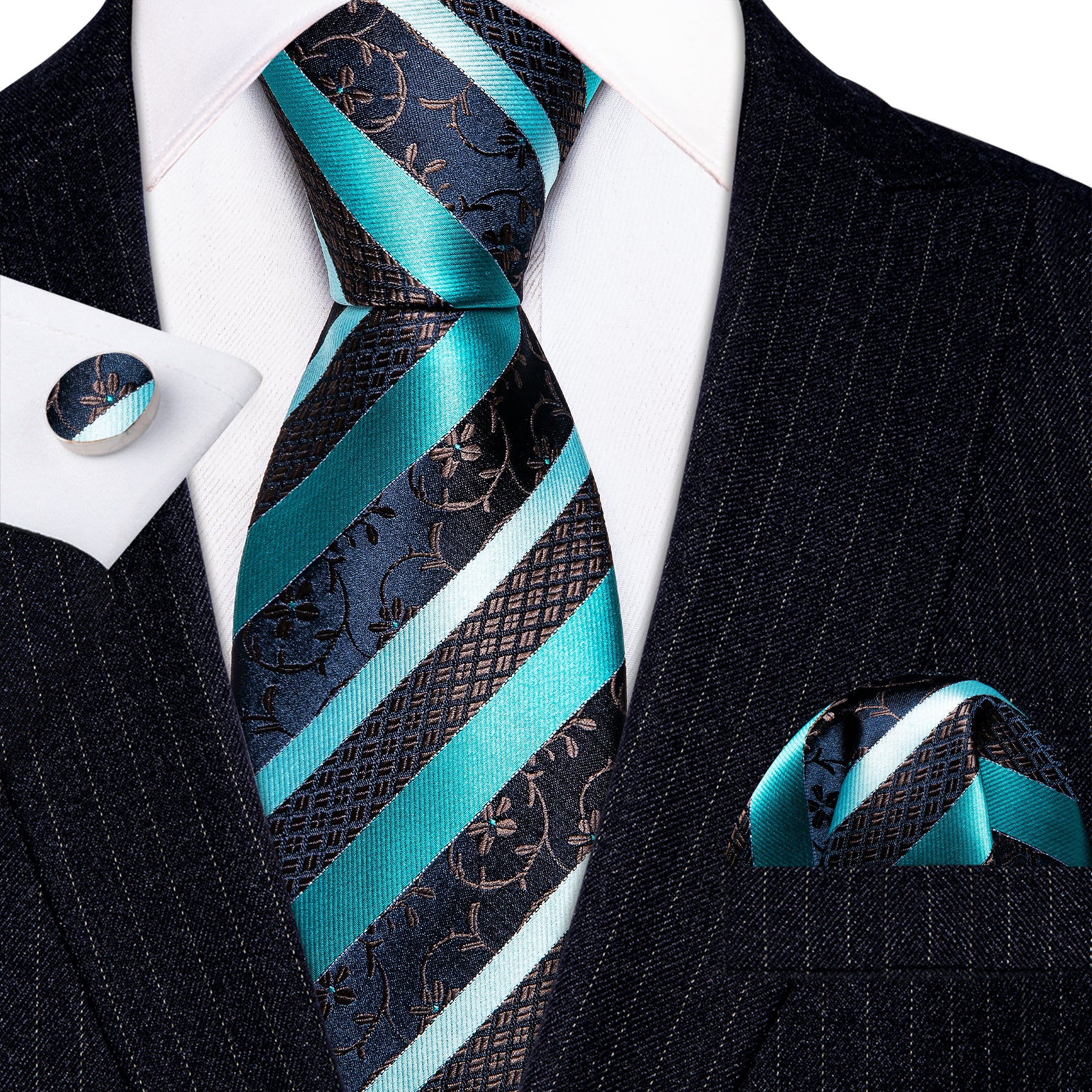 Aqua Blue Black Striped Floral Silk Tie Pocket Square Cufflinks Set
