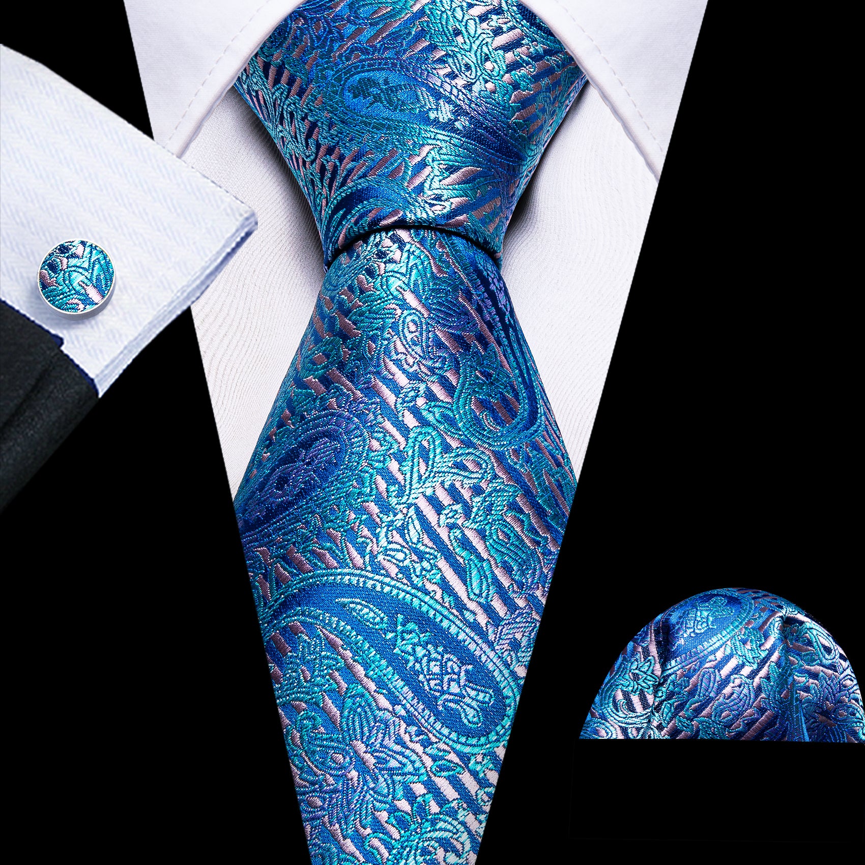 Blue Purple Paisley Silk Tie Pocket Square Cufflinks Set