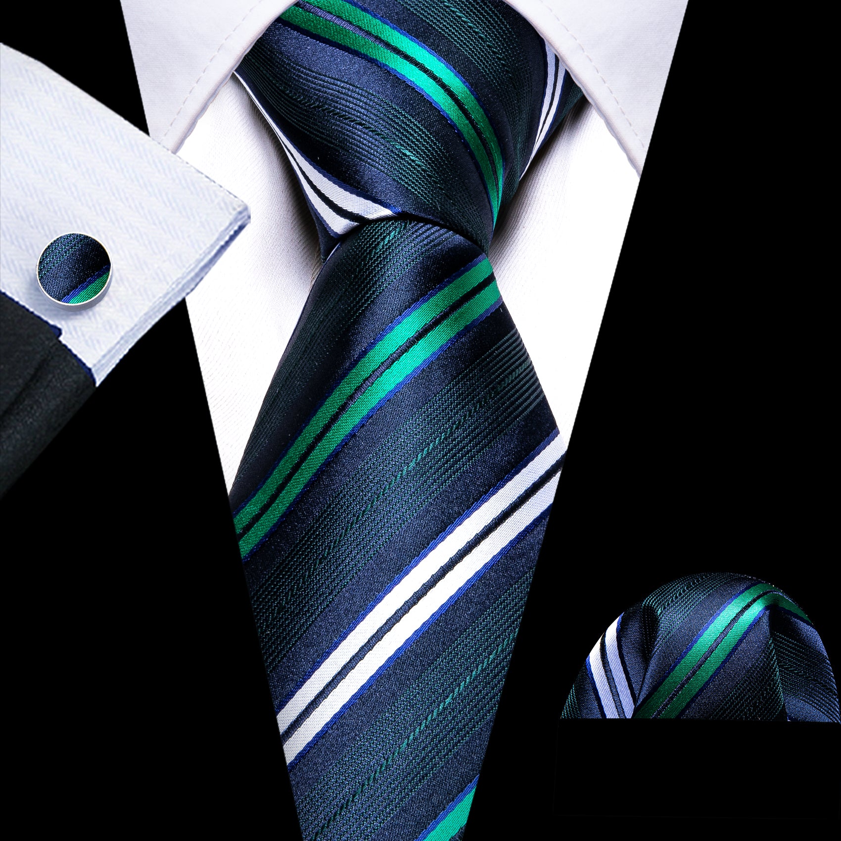 Deep Blue Green Striped Silk Tie Pocket Square Cufflinks Set