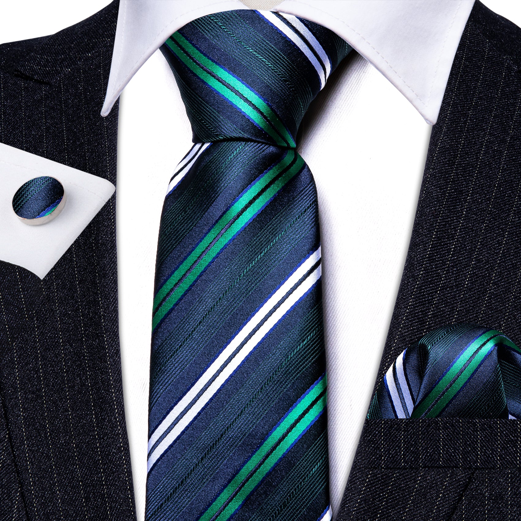 Deep Blue Green Striped Silk Tie Pocket Square Cufflinks Set