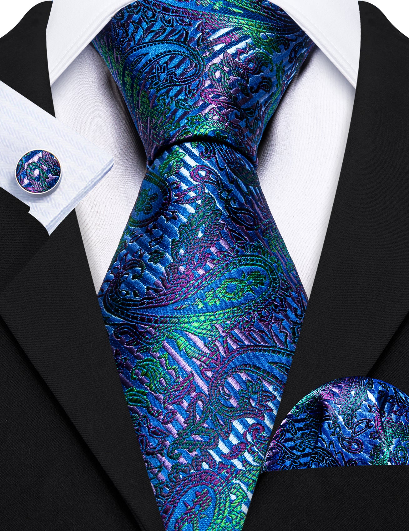 Sea Blue Purple Paisley Silk Tie Pocket Square Cufflinks Set