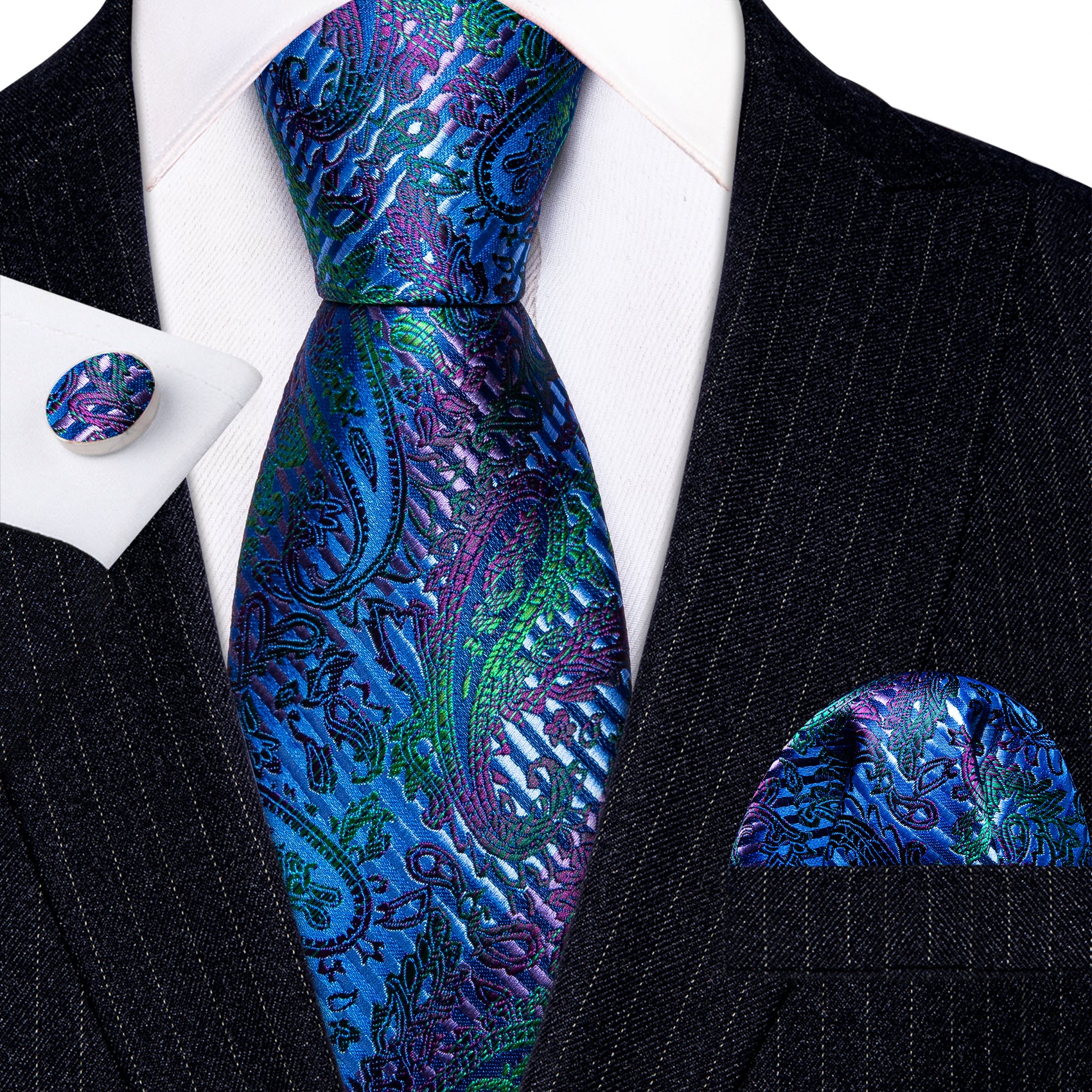 Sea Blue Purple Paisley Silk Tie Pocket Square Cufflinks Set