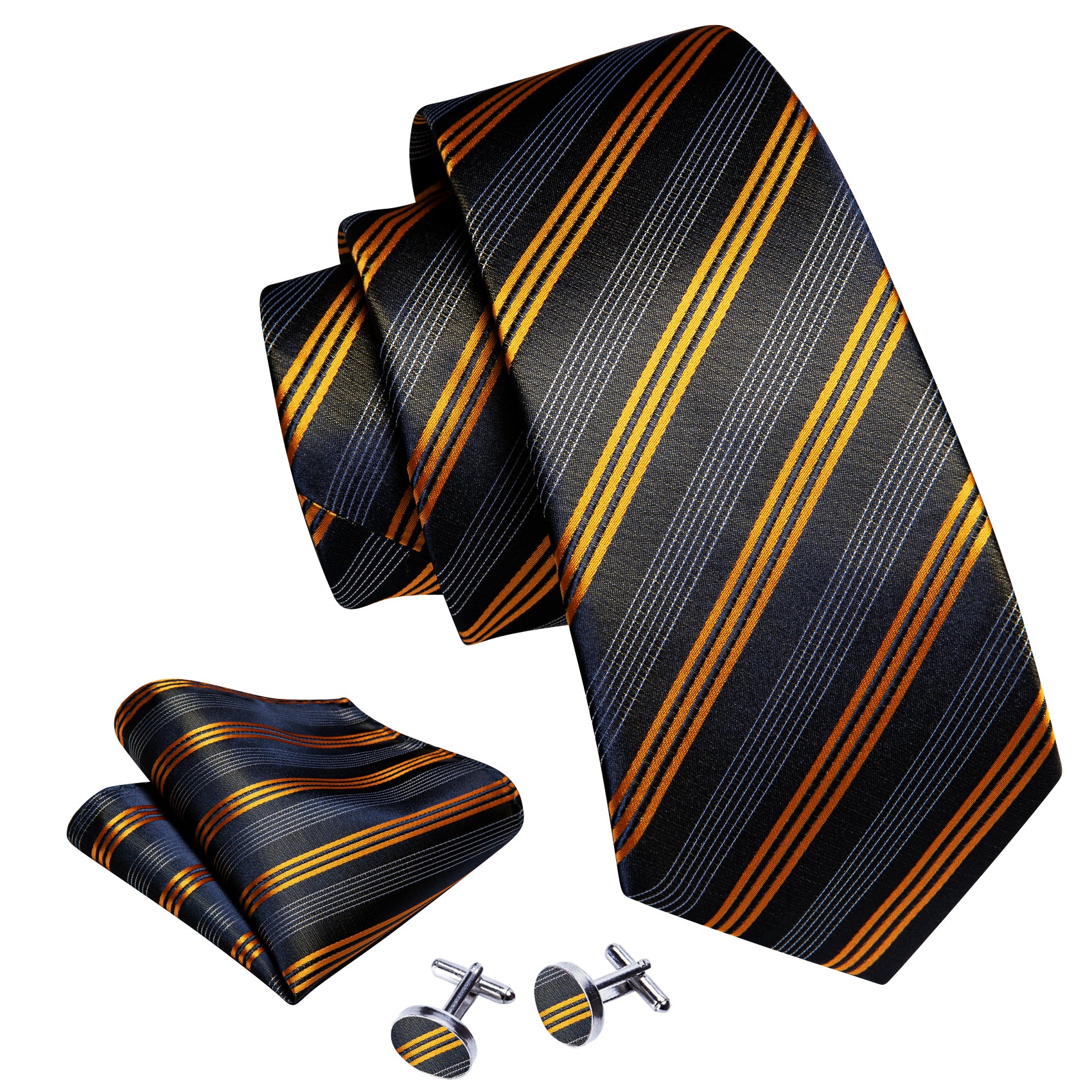 Black Orange Striped Silk Tie Pocket Square Cufflinks Set