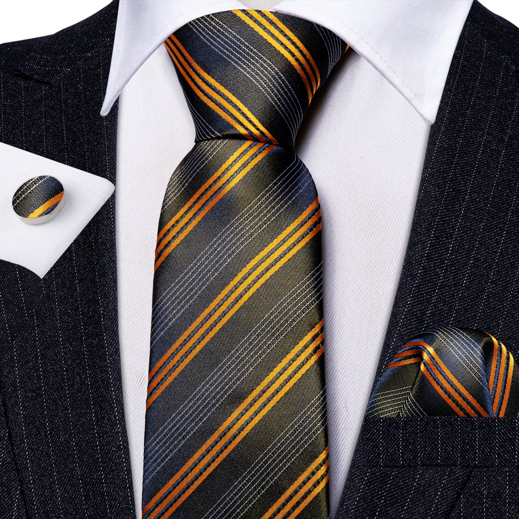 Black Orange Striped Silk Tie Pocket Square Cufflinks Set