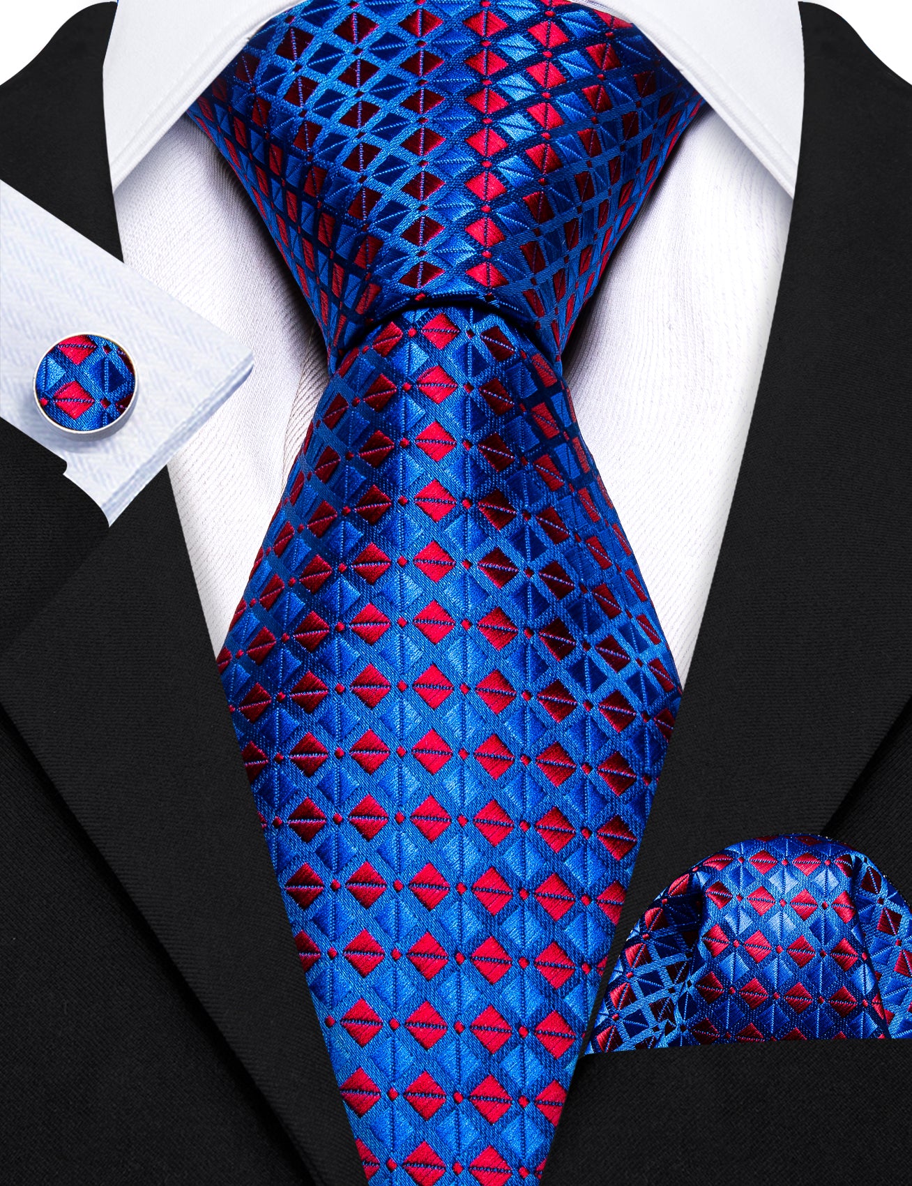 Novetly Blue Red Plaid Silk Tie Pocket Square Cufflinks Set