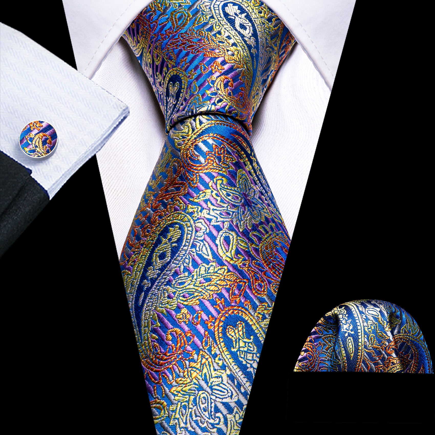 Beautiful Colorful Paisley Silk Tie Pocket Square Cufflinks Set