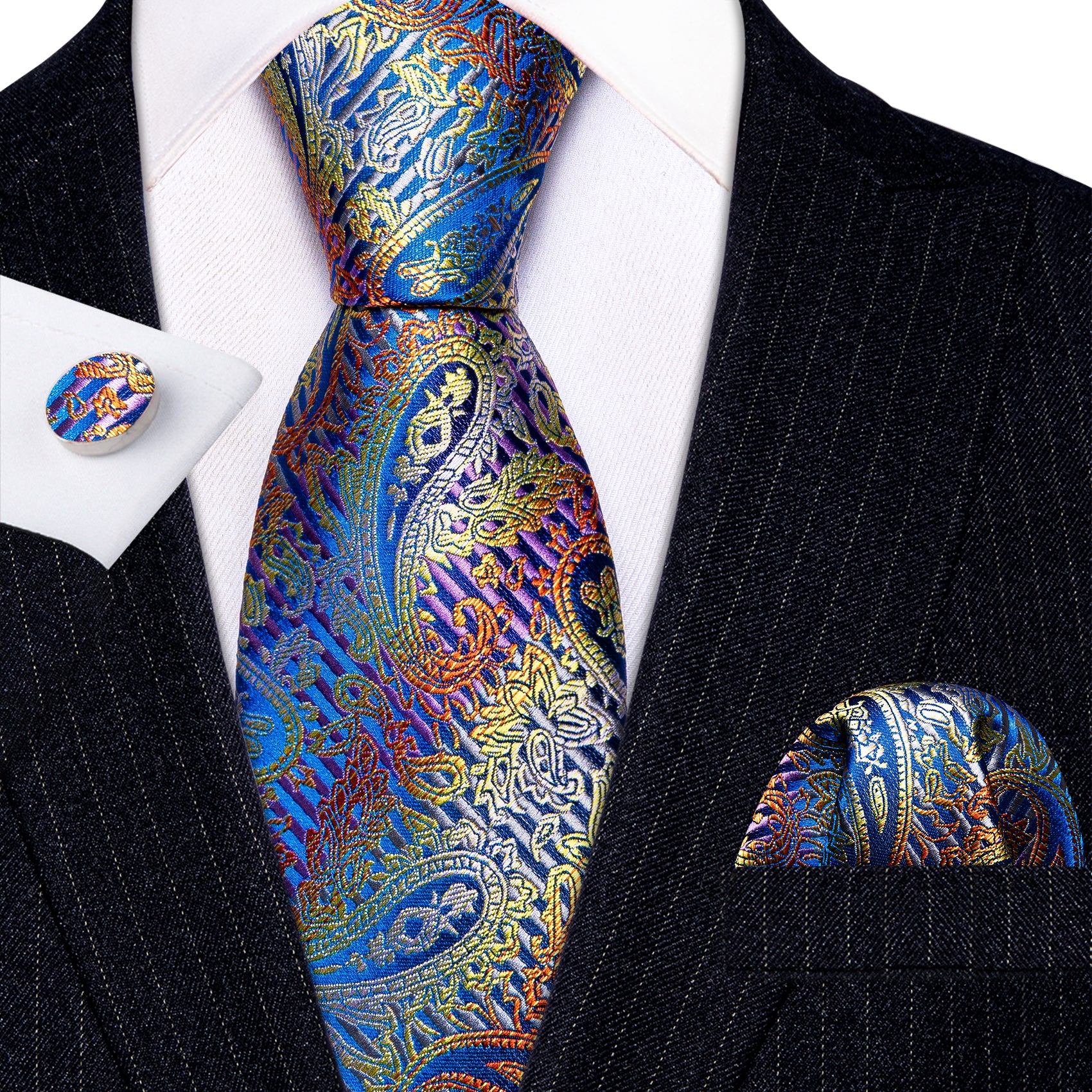 Beautiful Colorful Paisley Silk Tie Pocket Square Cufflinks Set