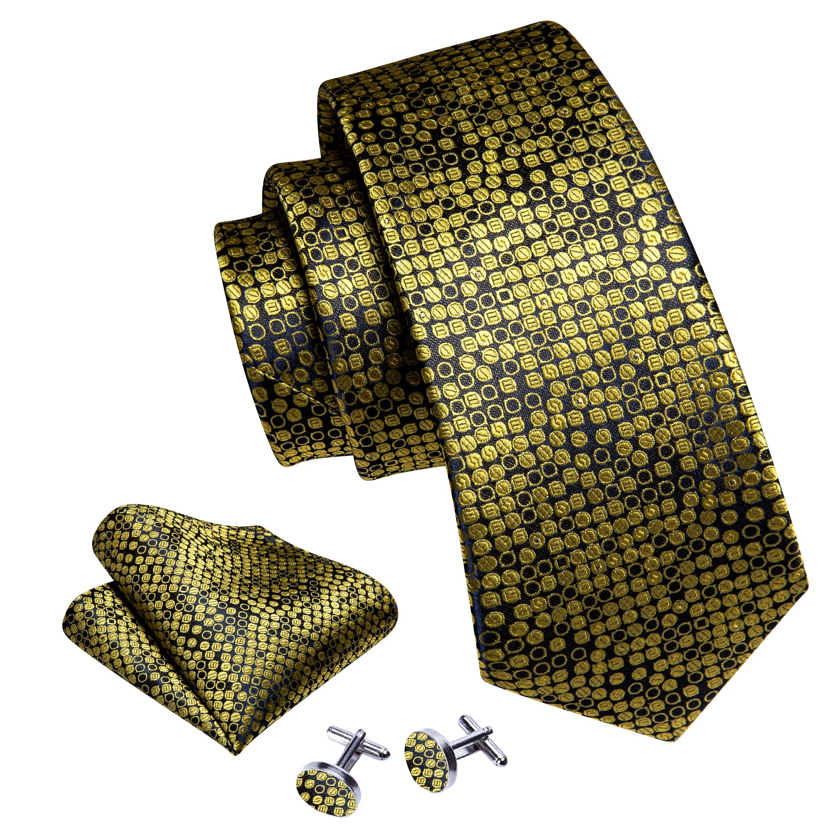Barry.wang Black Tie Gold Circle Floral Silk Tie Hanky Cufflinks Set for Men Classic Hot