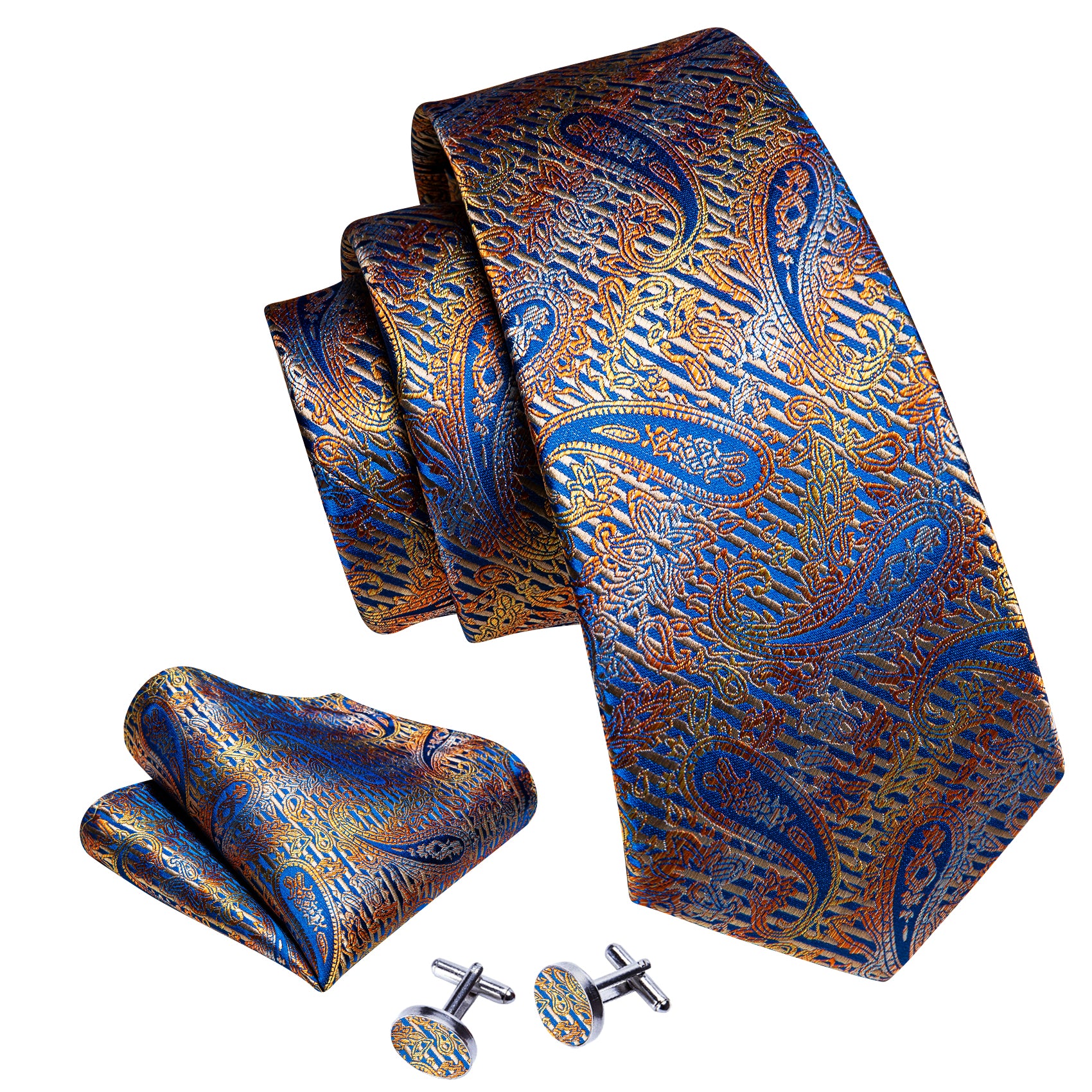 Royalblue Gold Paisley Silk Tie Pocket Square Cufflinks Set