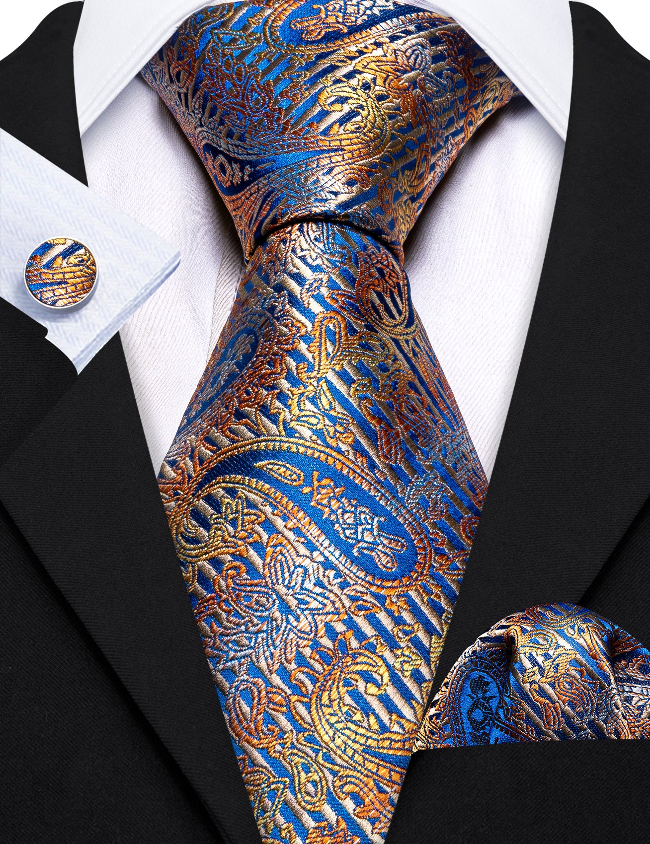 Royalblue Gold Paisley Silk Tie Pocket Square Cufflinks Set
