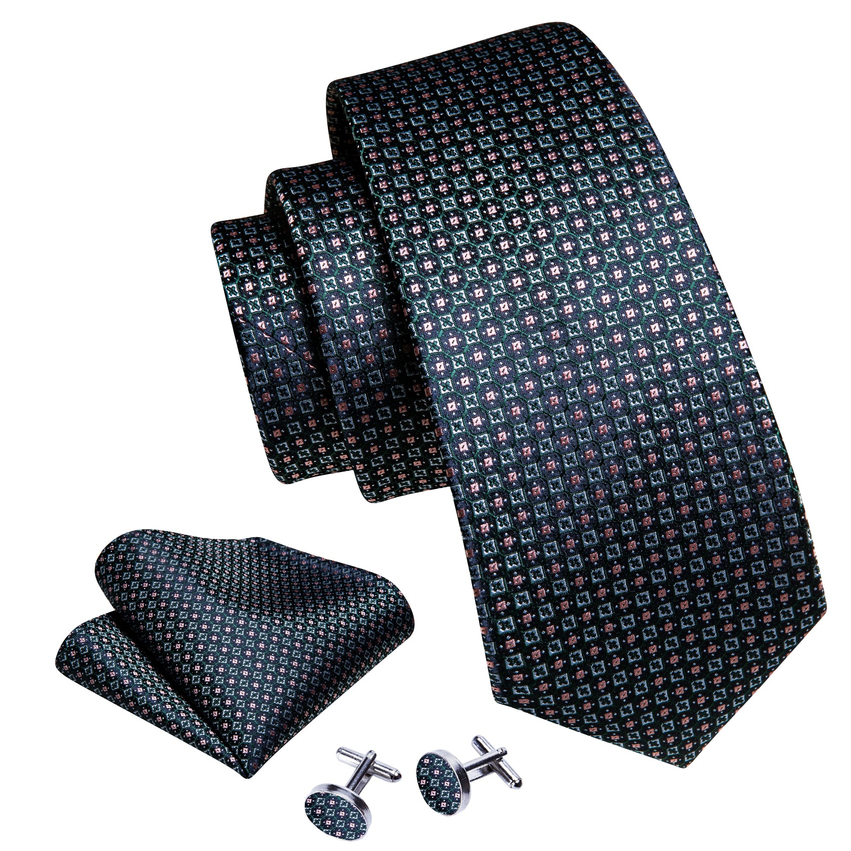 Novetly Black Pink Plaid Silk Tie Pocket Square Cufflinks Set
