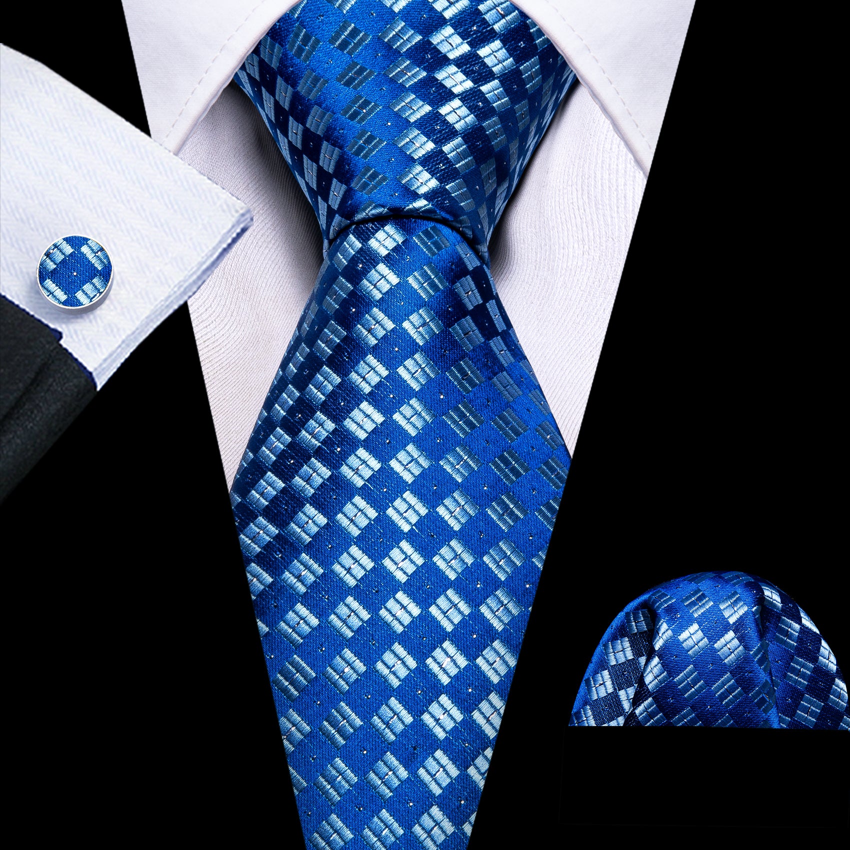 Blue White Plaid Silk Tie Pocket Square Cufflinks Set