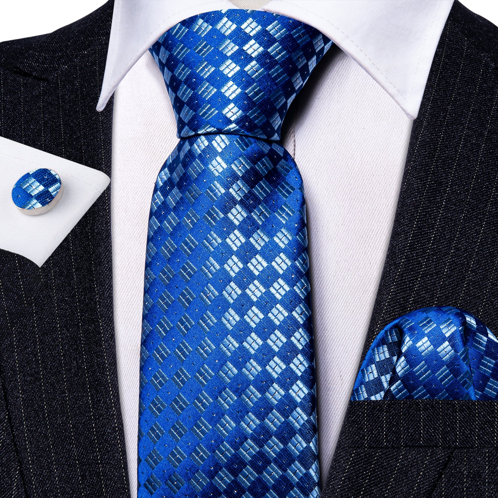 Blue White Plaid Silk Tie Pocket Square Cufflinks Set