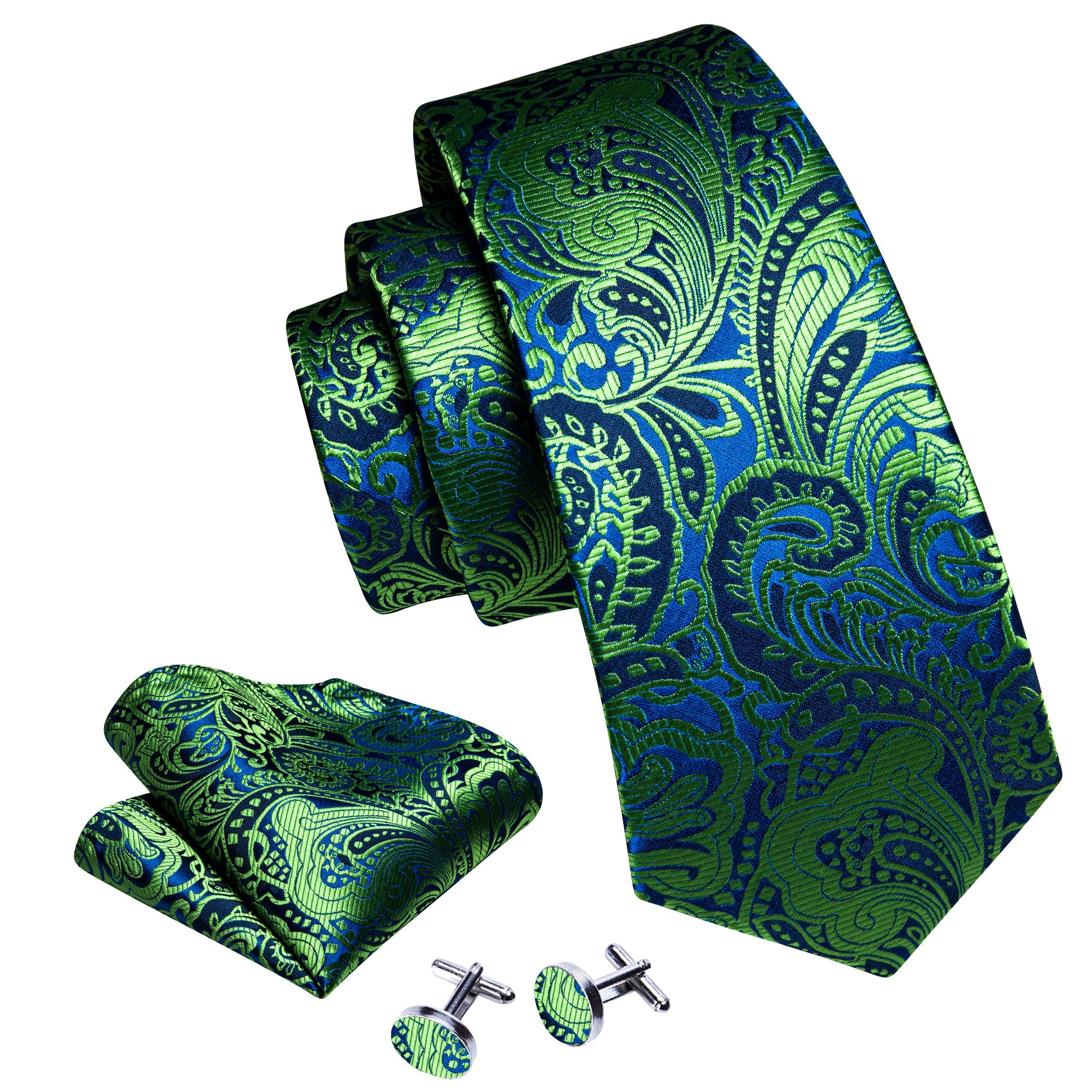 Blue Yellowgreen Paisley Silk Tie Pocket Square Cufflinks Set