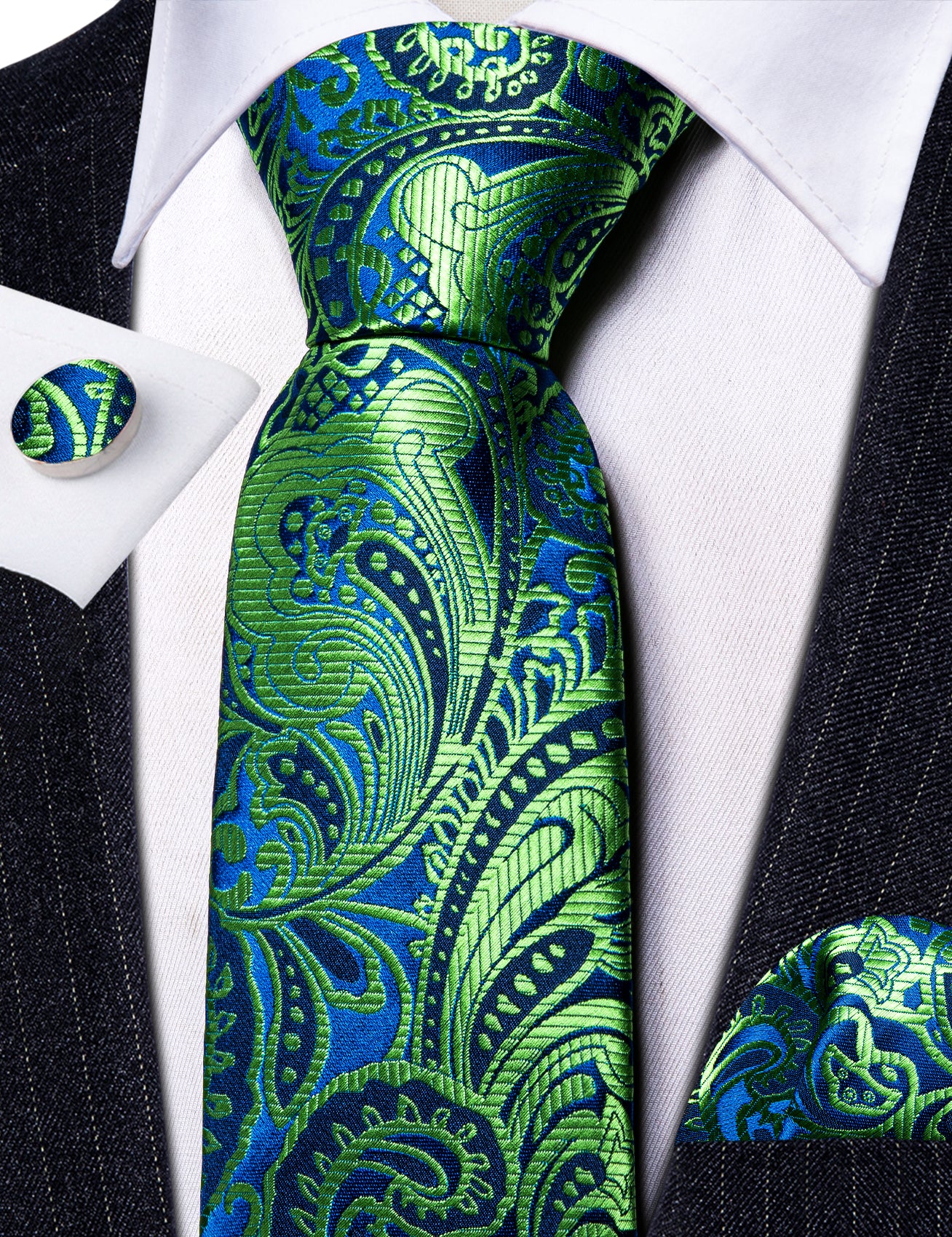  Green Tie Blue Yellowgreen Paisley Silk Tie Pocket Square Cufflinks Set