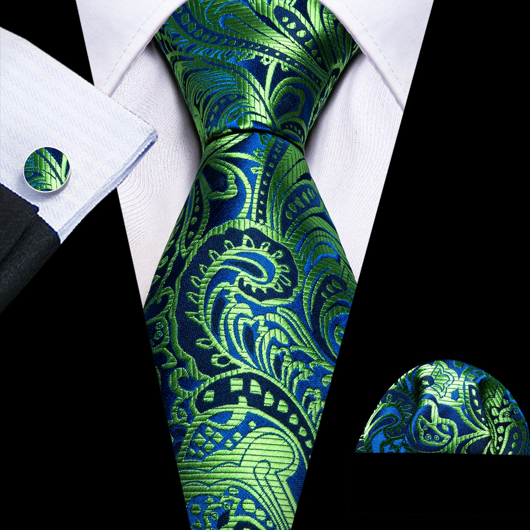  Green Tie Blue Yellowgreen Paisley Silk Tie Pocket Square Cufflinks Set
