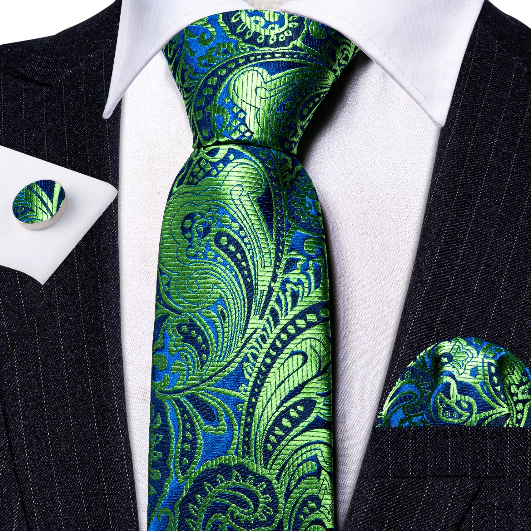 Green Tie Blue Yellowgreen Paisley Silk Tie Pocket Square Cufflinks Set