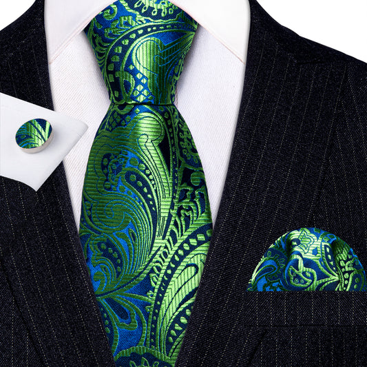  Green Tie Blue Yellowgreen Paisley Silk Tie Pocket Square Cufflinks Set