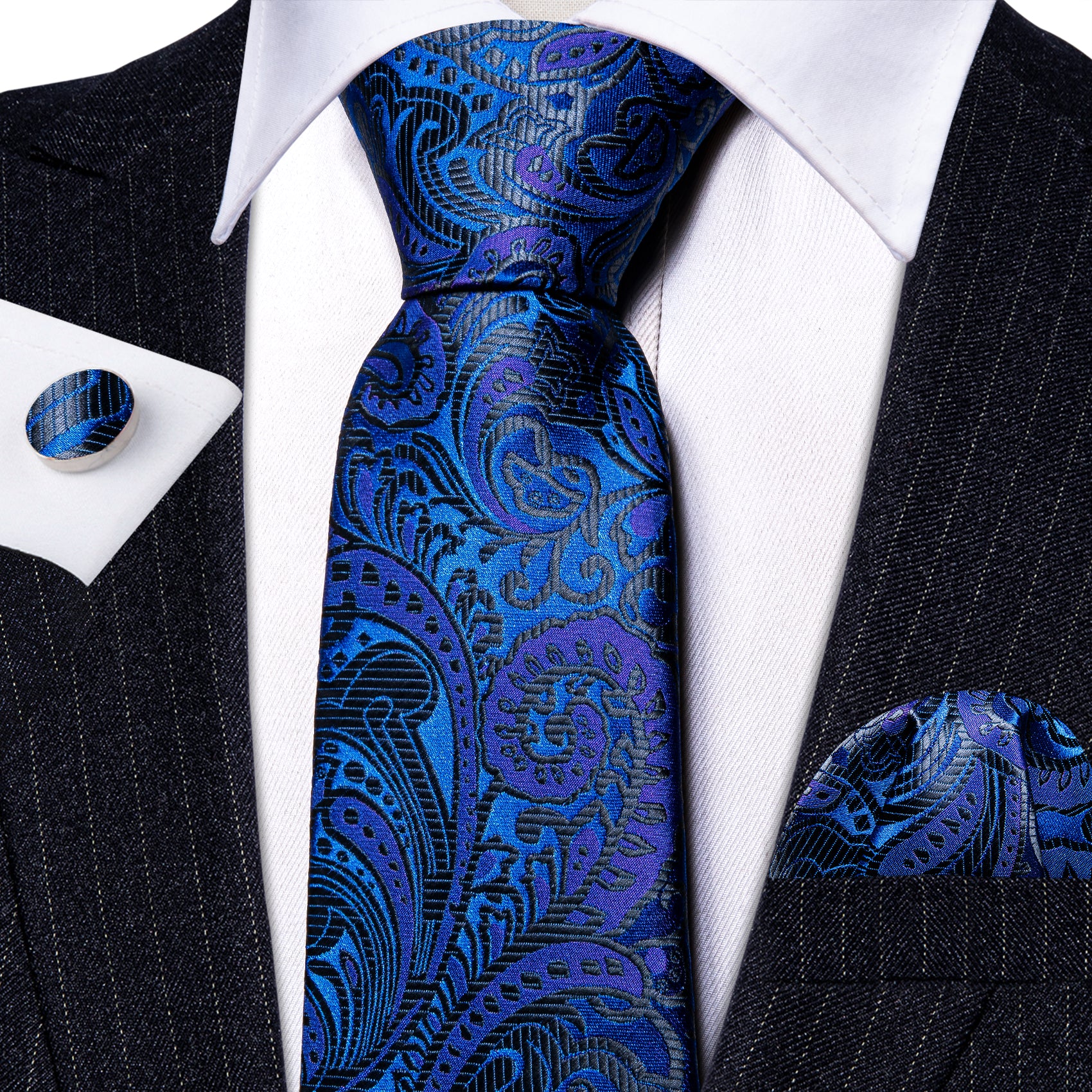 Shining Black Blue Paisley Silk Tie Pocket Square Cufflinks Set