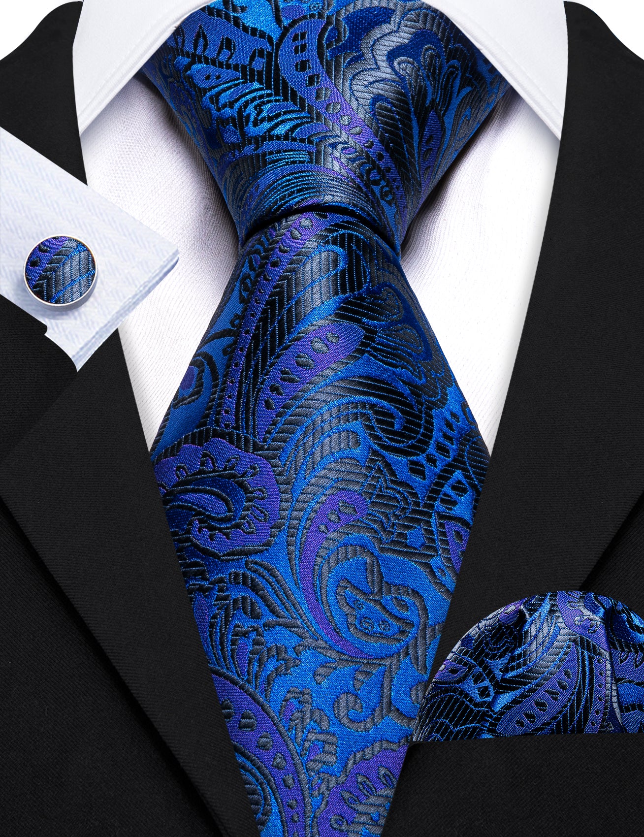 Shining Black Blue Paisley Silk Tie Pocket Square Cufflinks Set