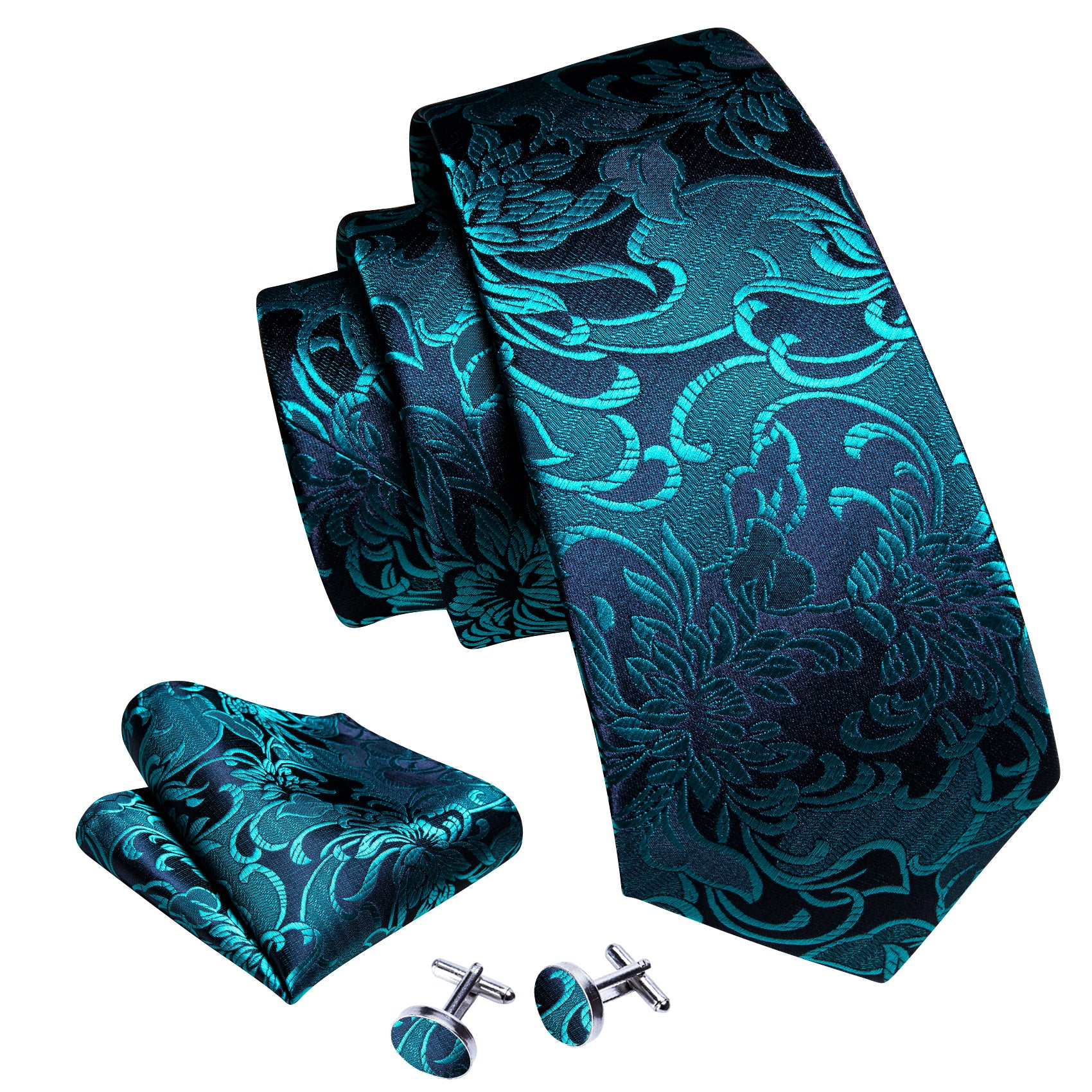 Cyan Blue Paisley Silk Tie Pocket Square Cufflinks Set