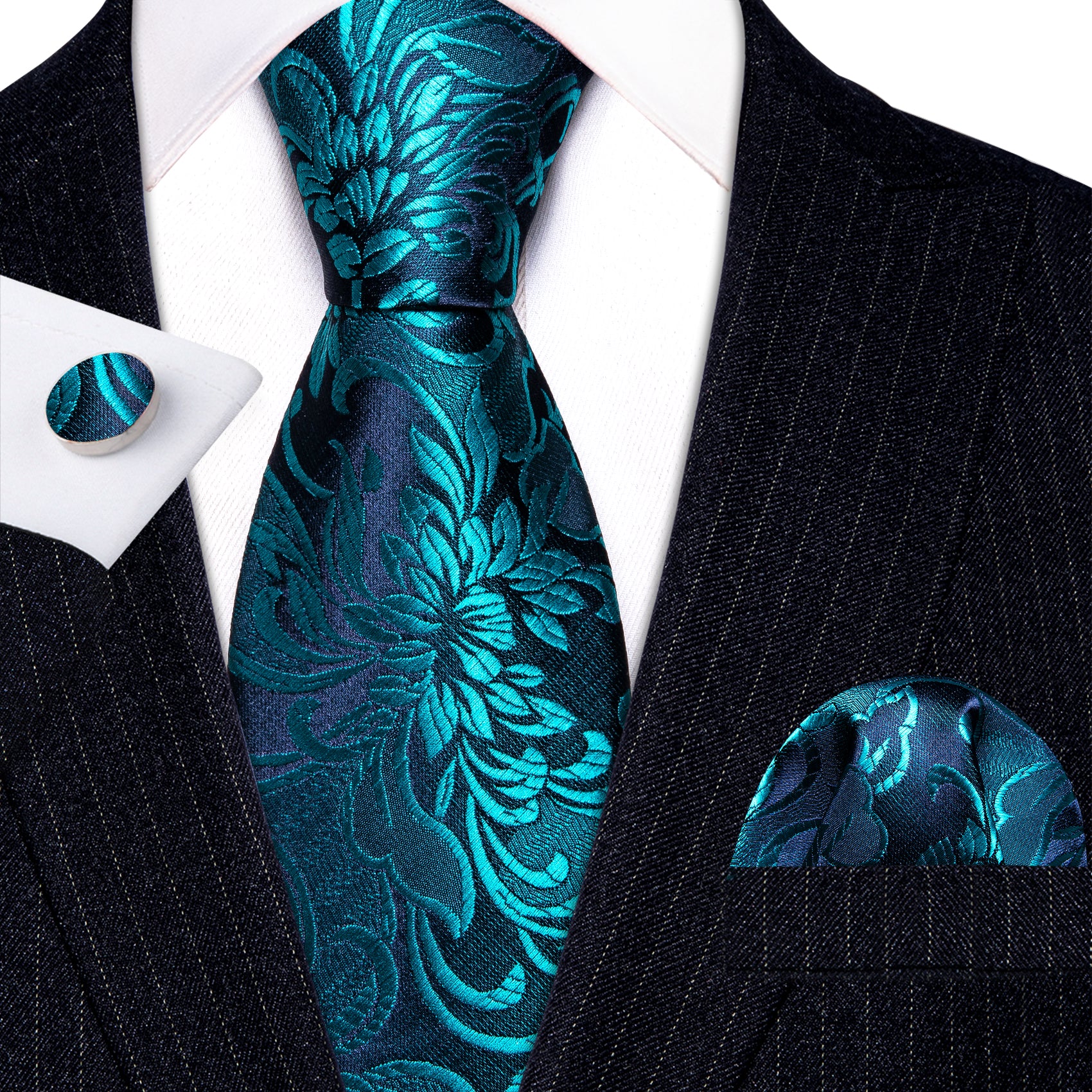 Cyan Blue Paisley Silk Tie Pocket Square Cufflinks Set