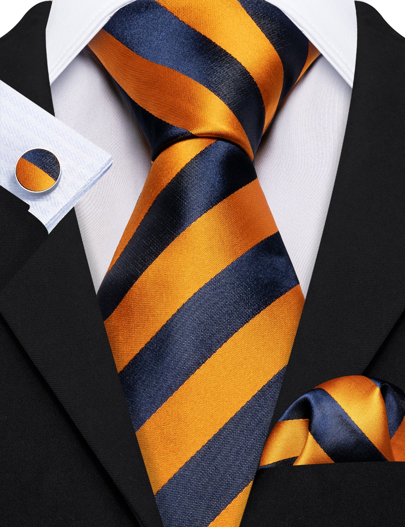 Blue Orange Striped Silk Tie Pocket Square Cufflinks Set