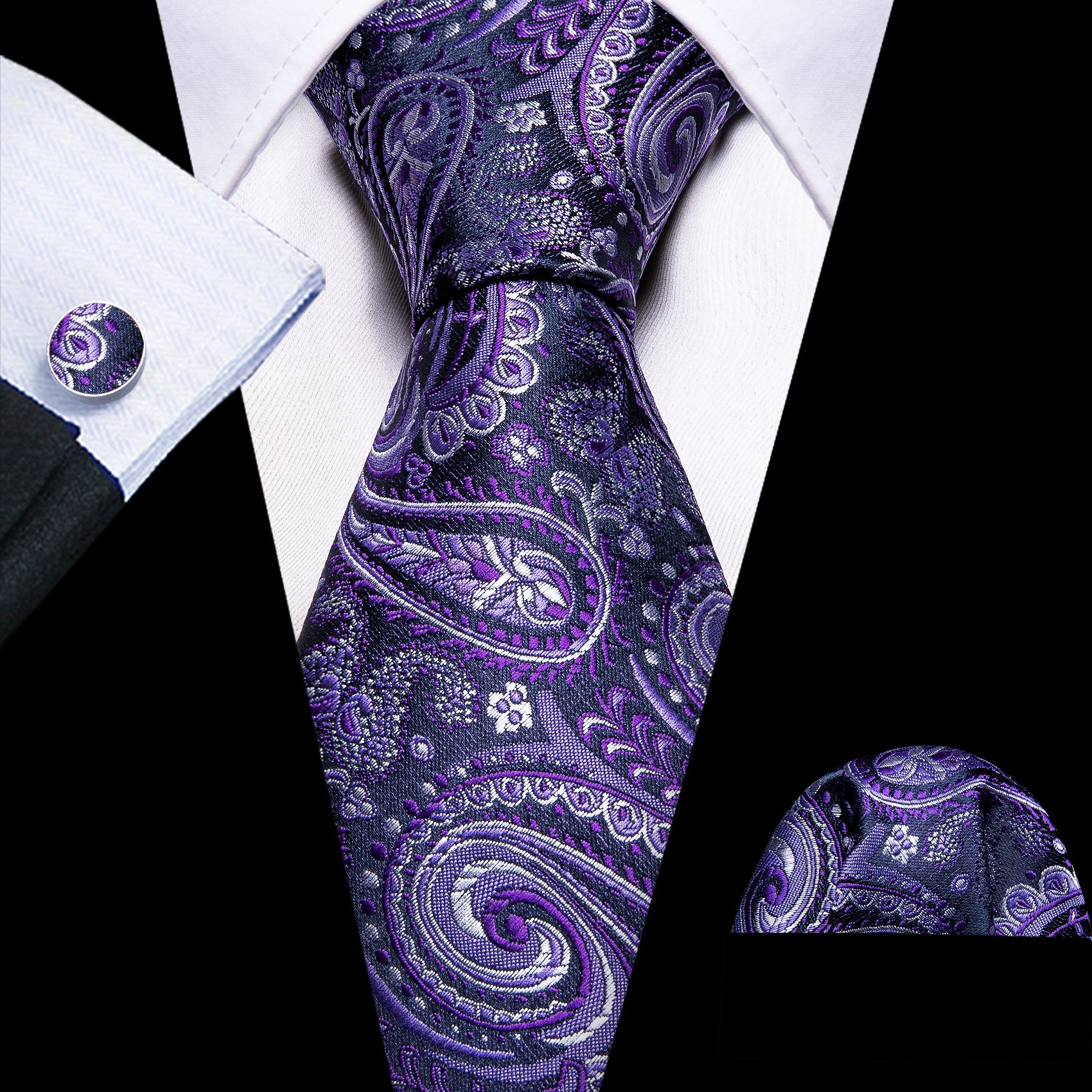 Purple Silver Paisley Silk Tie Pocket Square Cufflinks Set