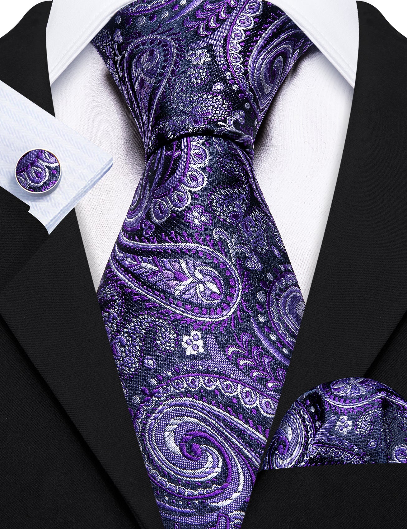 Purple Silver Paisley Silk Tie Pocket Square Cufflinks Set