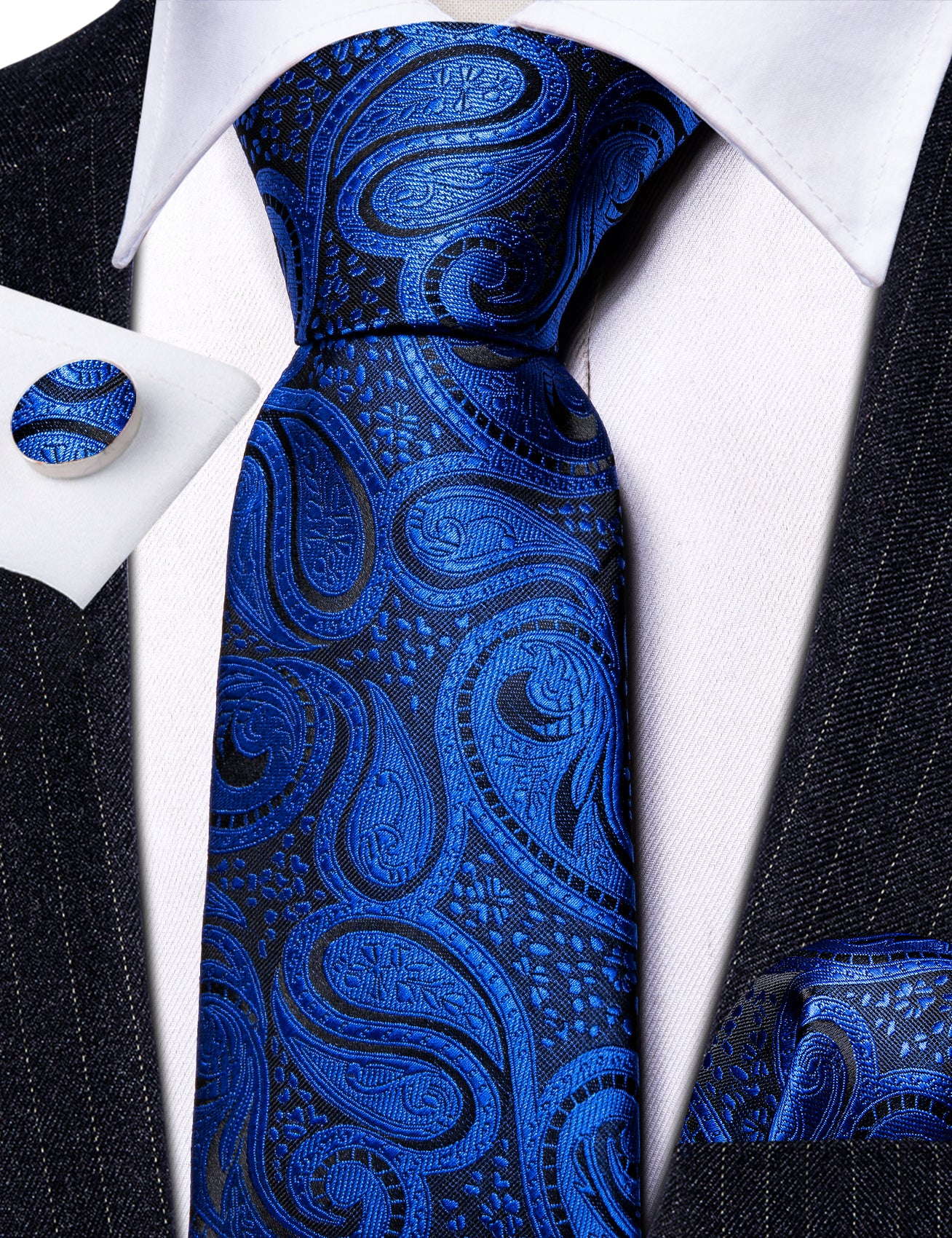 Medium Blue Paisley Silk Tie Pocket Square Cufflinks Set
