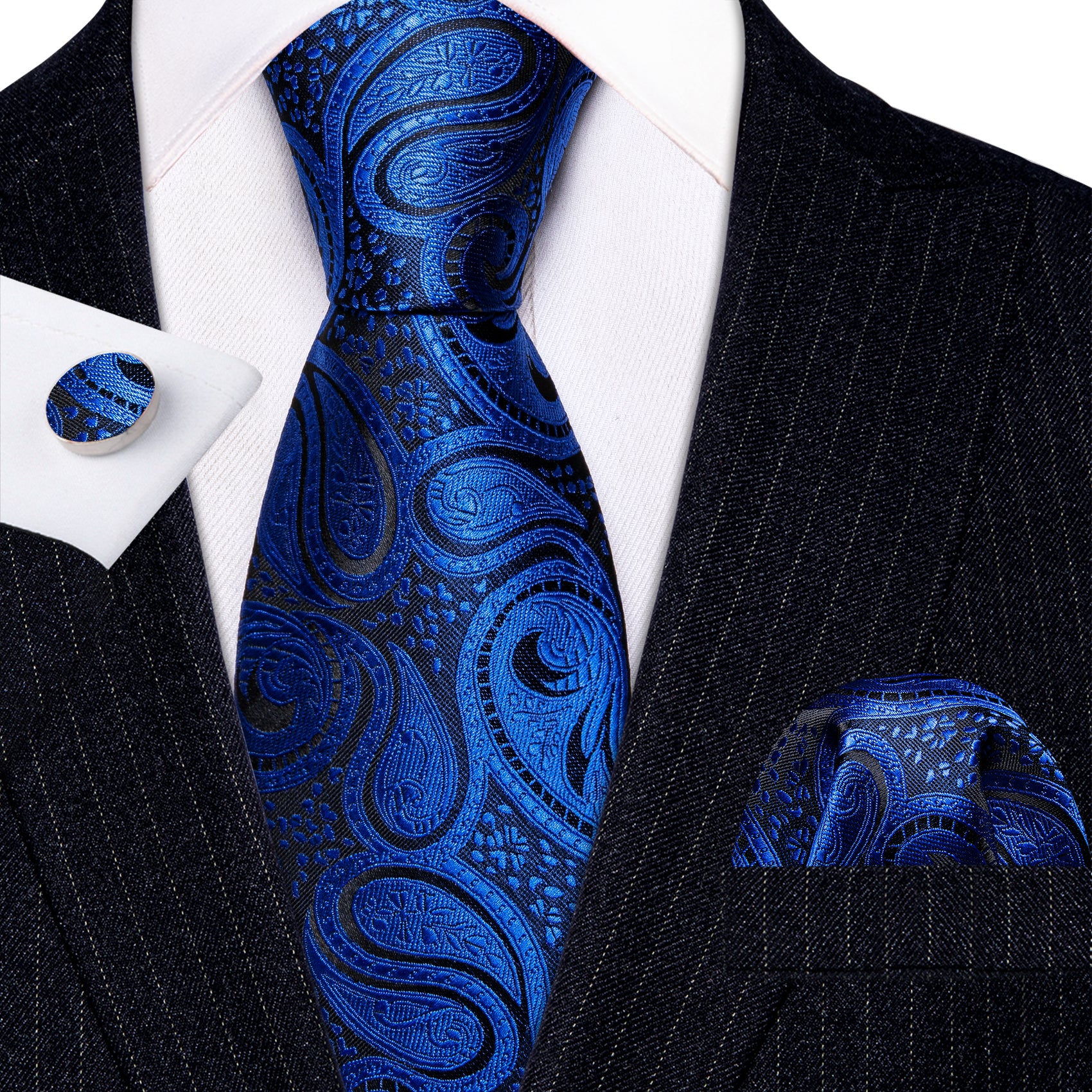 Medium Blue Paisley Silk Tie Pocket Square Cufflinks Set
