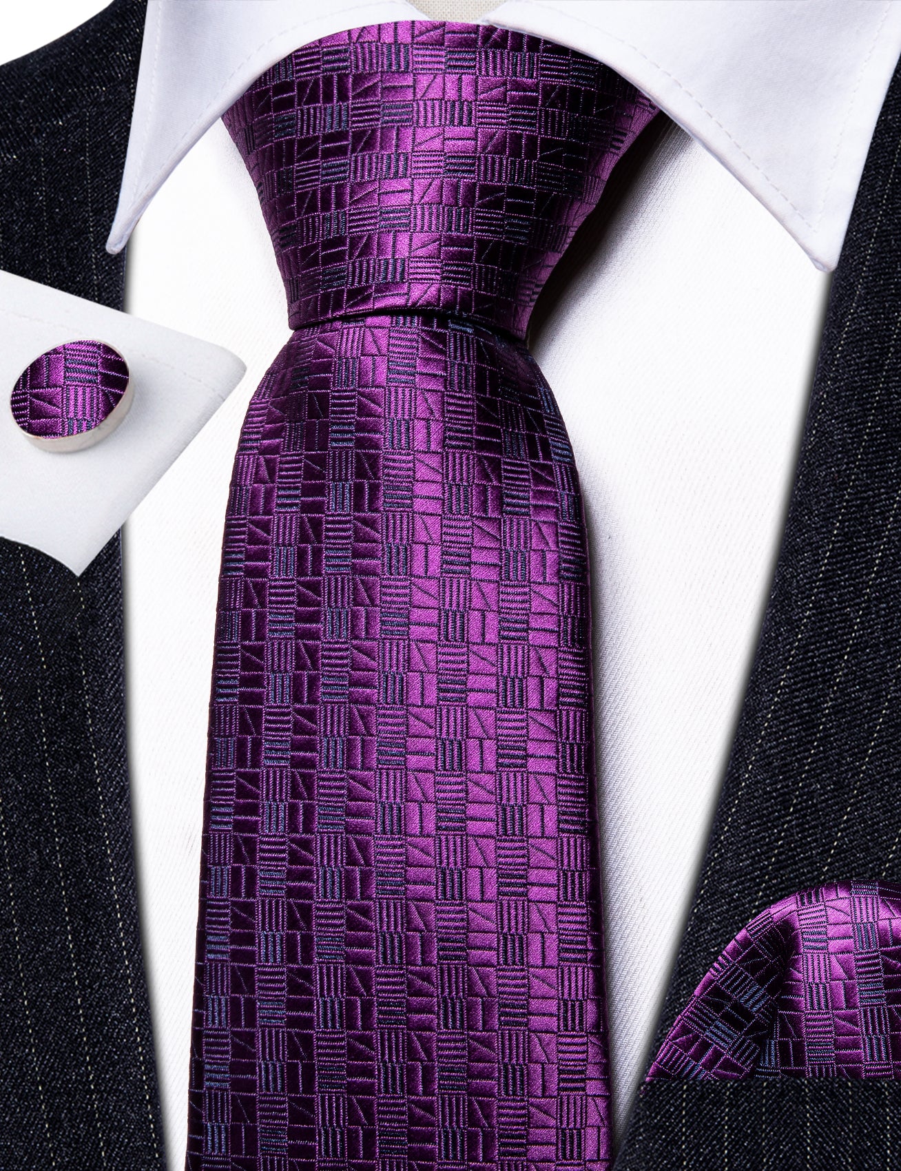 Purple Plaid Silk Tie Pocket Square Cufflinks Set
