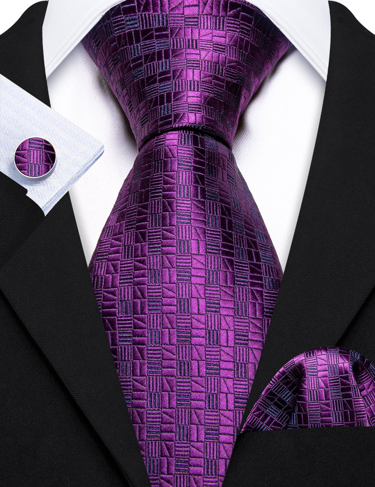 Purple Plaid Silk Tie Pocket Square Cufflinks Set
