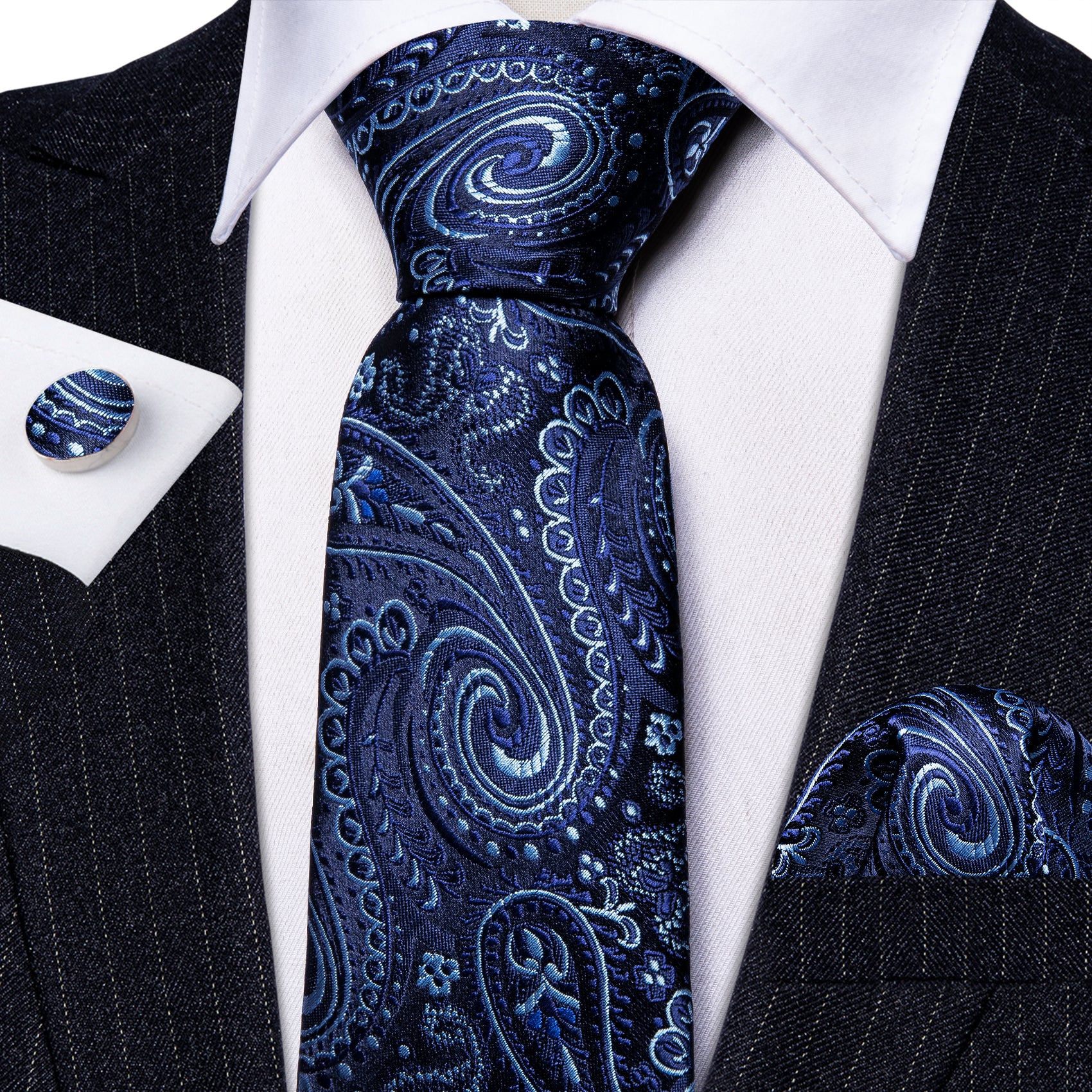 Blue White Paisley Silk Tie Pocket Square Cufflinks Set