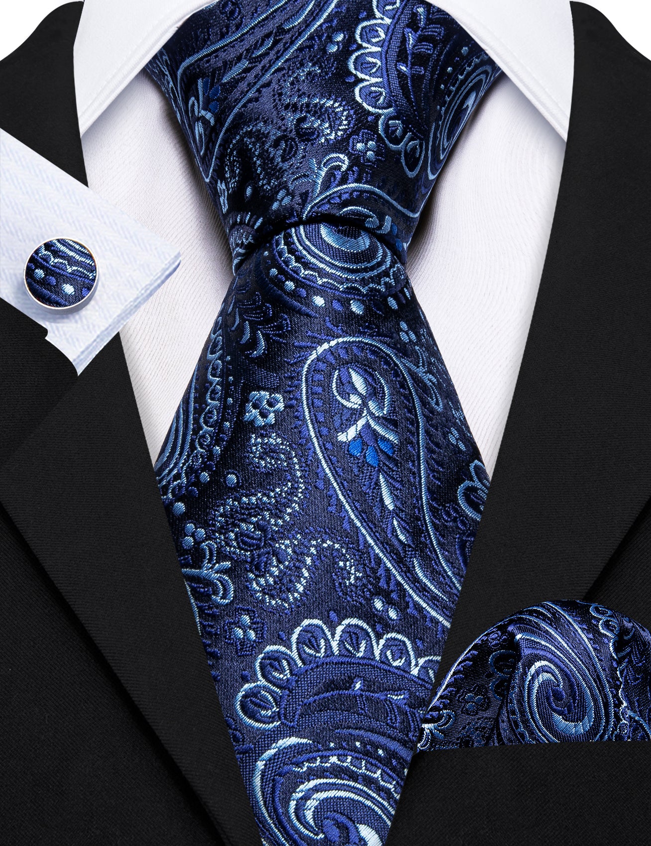 Blue White Paisley Silk Tie Pocket Square Cufflinks Set
