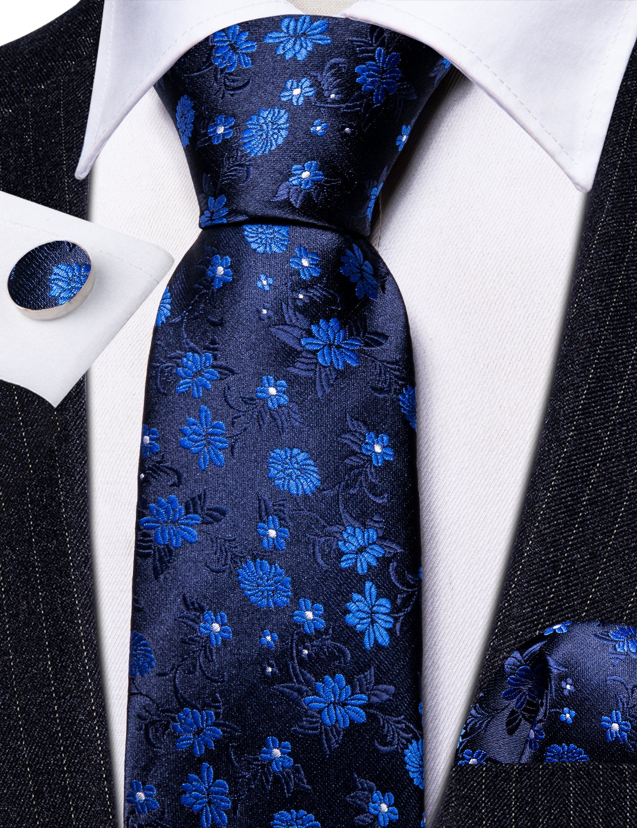 dark blue satin tie with long sleeve men's shirt 