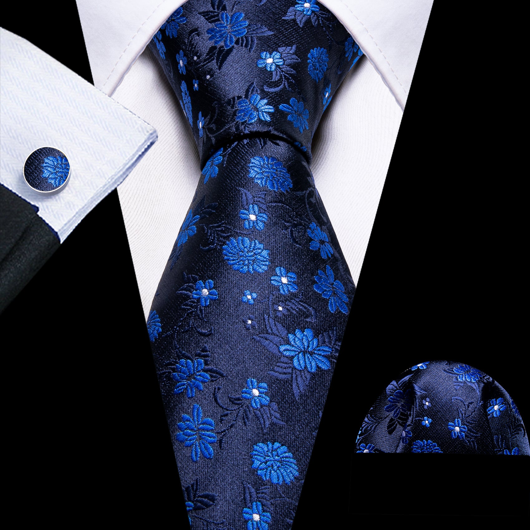 Black Blue Flower Silk Tie Pocket Square Cufflinks Set