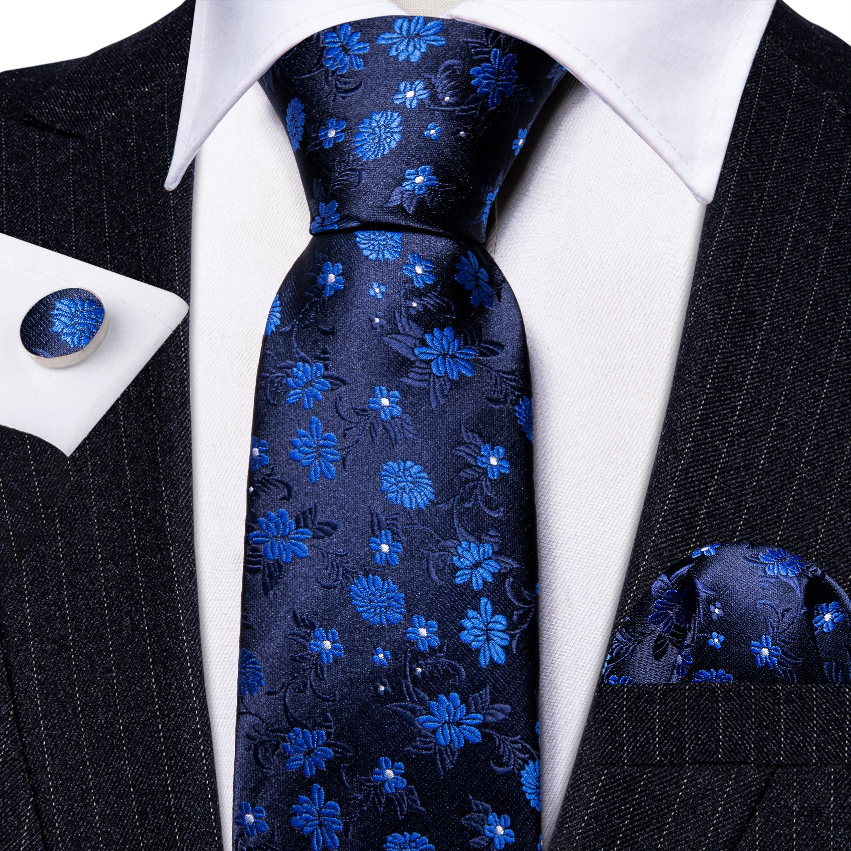black suit blue floral necktie and white long sleever shirt for men 